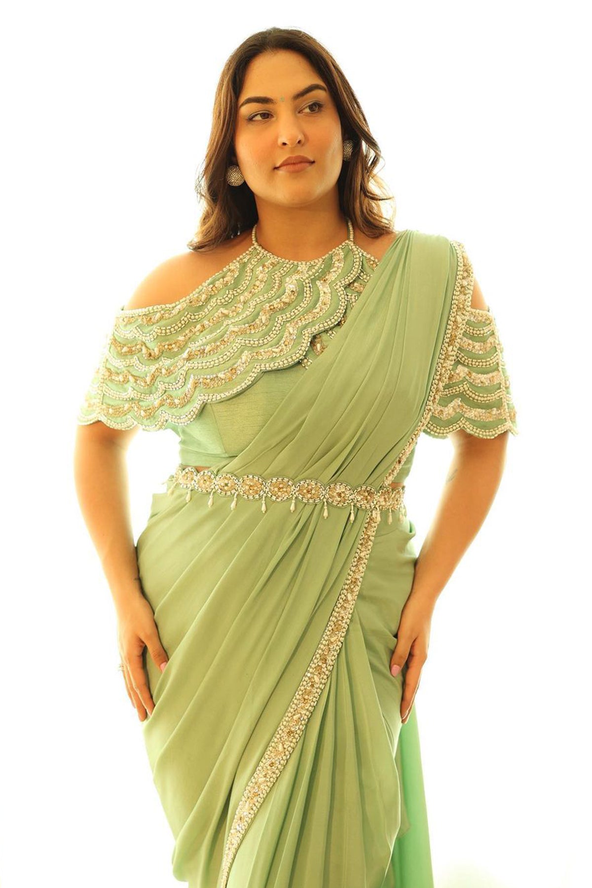 Women's Designer Olive Green Drape Saree