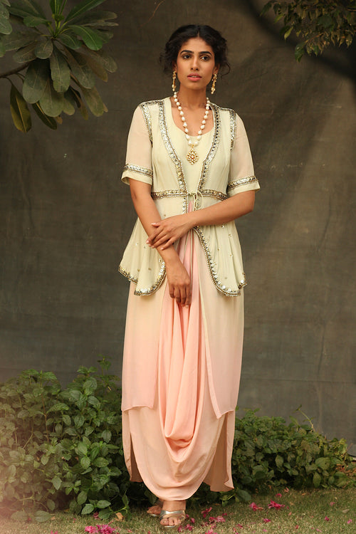 Embroidered Indo-western Pallazo Set with Scalloped Tasseled CropTop & Floral Print Cape