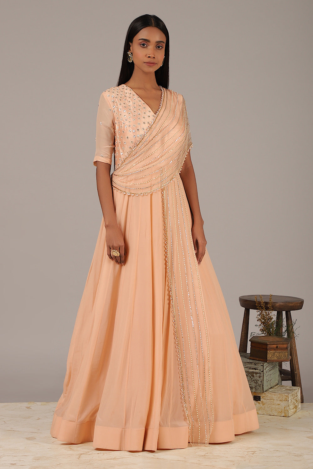 Women's Designer Peach Pankhi Organza Gown | Nidhika Shekhar