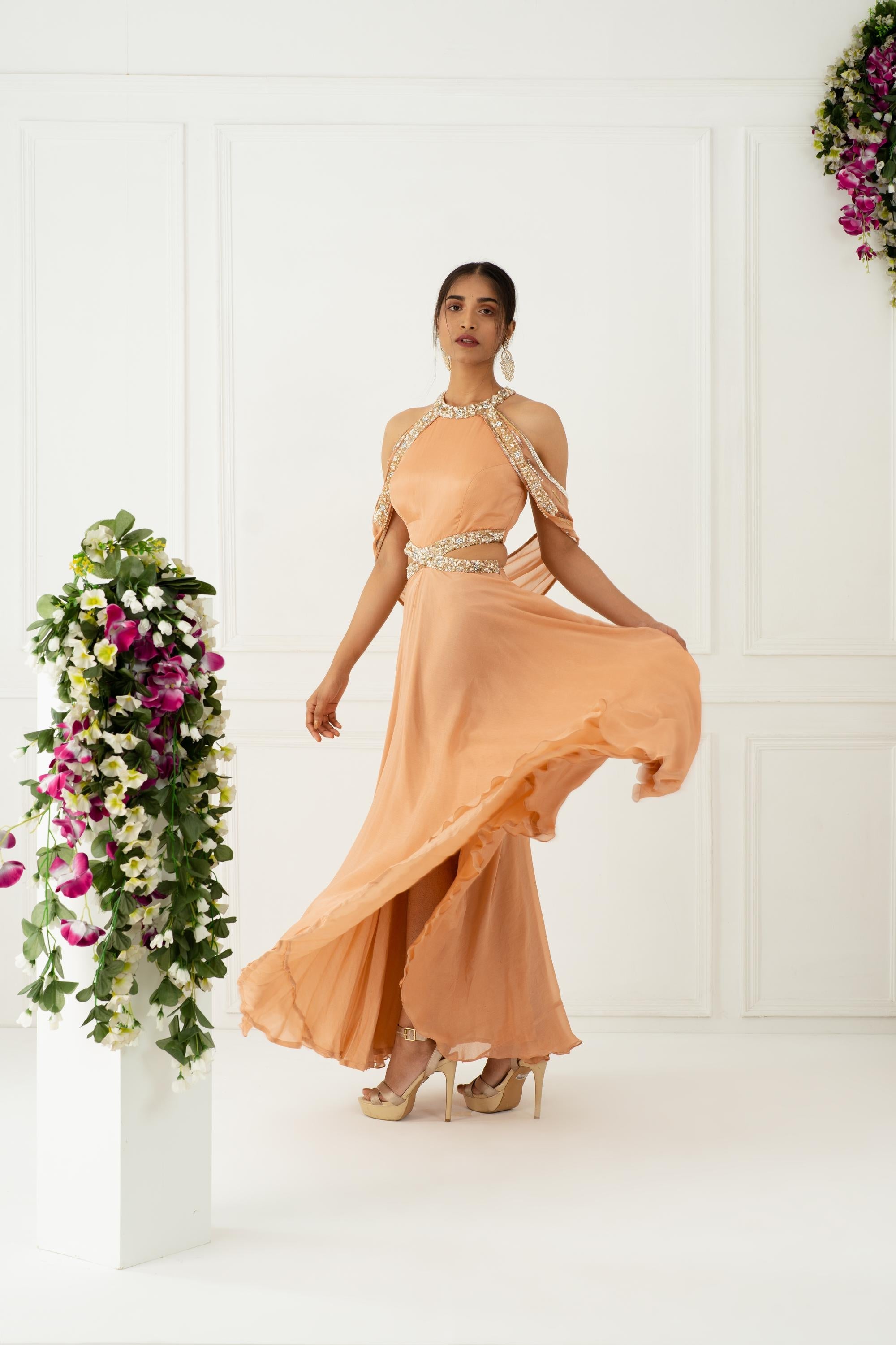 Buy Blush Pink Cold-Shoulder Drape Gown | Nidhika Shekhar