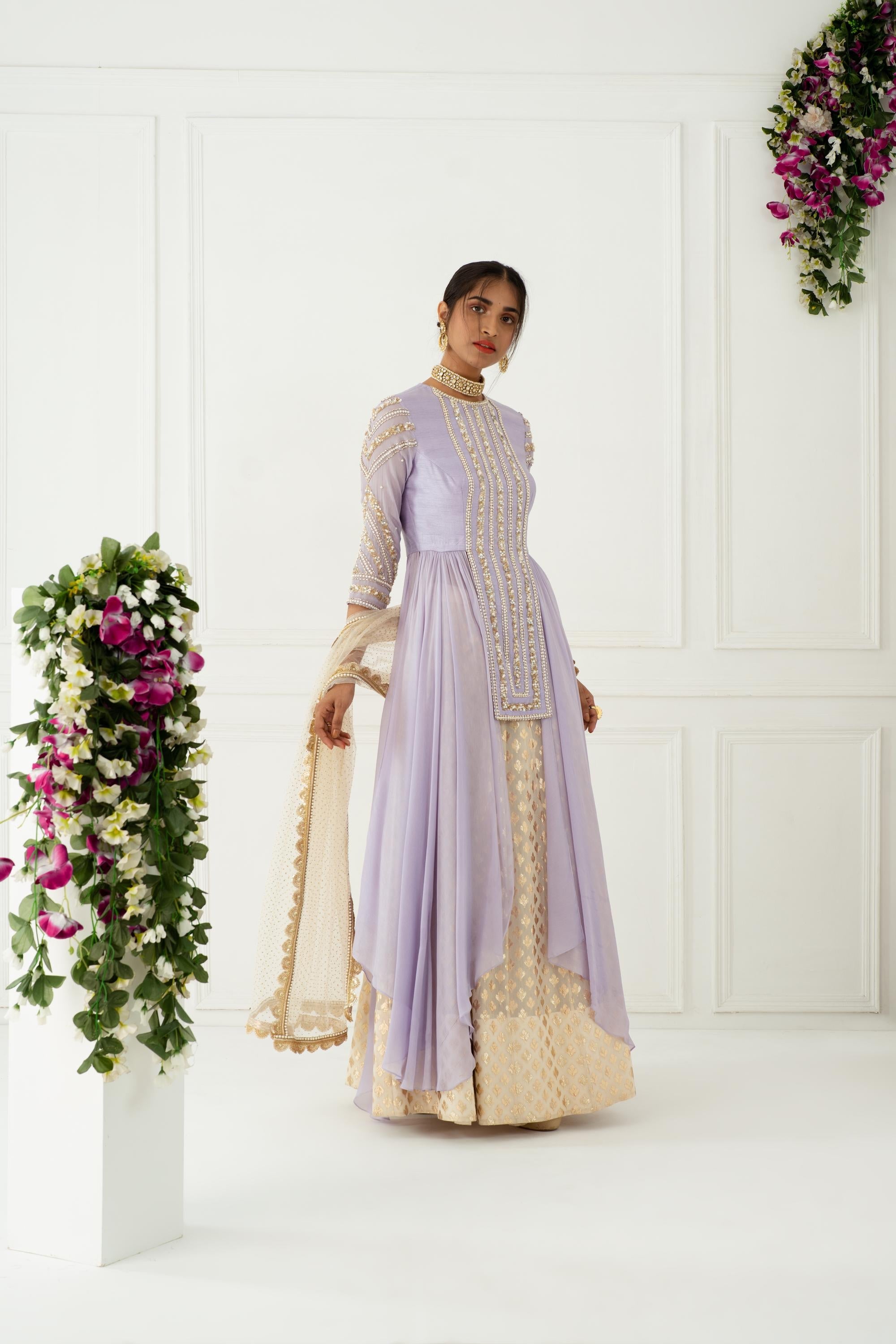 Women's Embroidered Lilac Drape Kurta Set