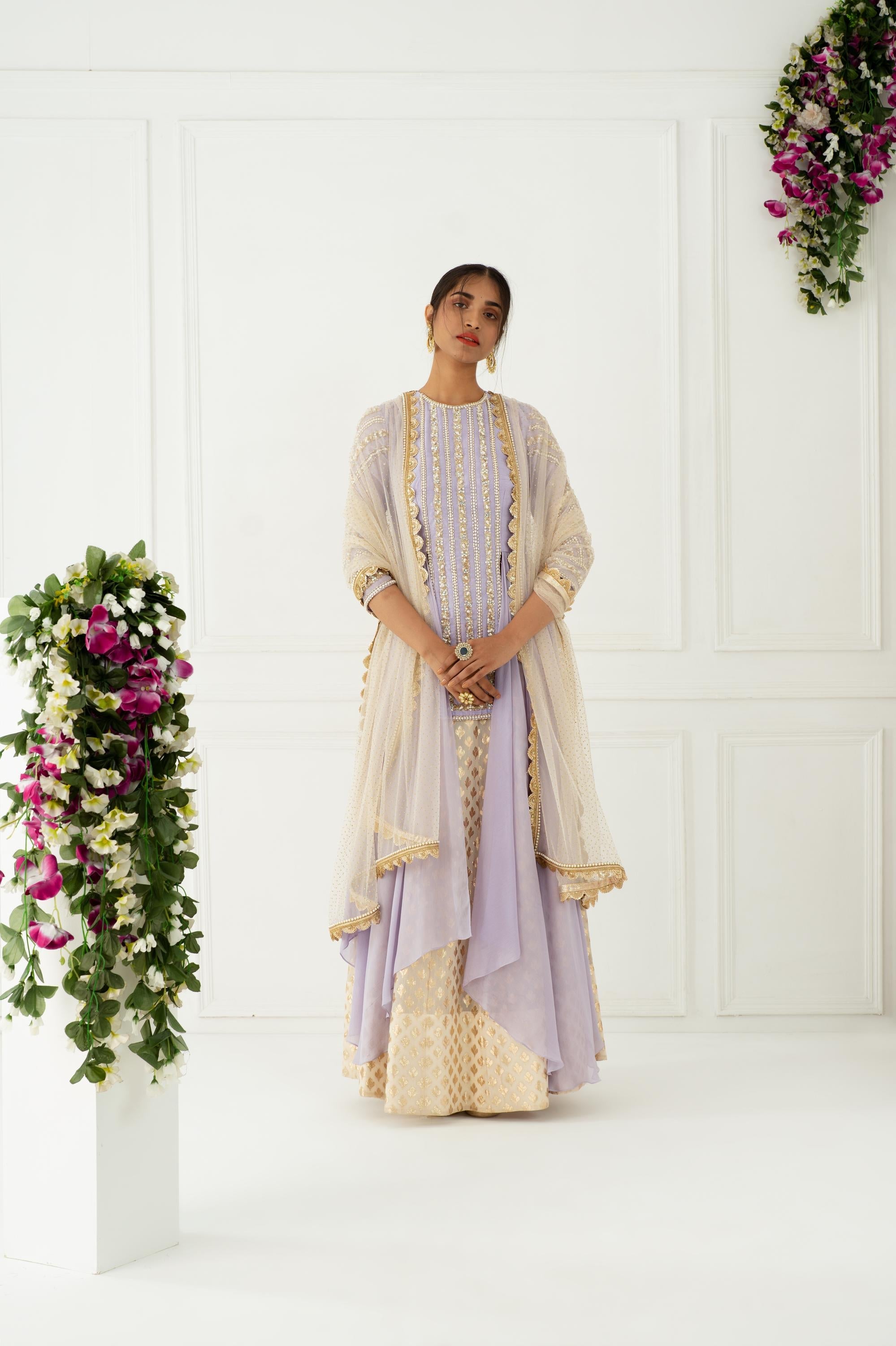 Women's Embroidered Lilac Drape Kurta Set