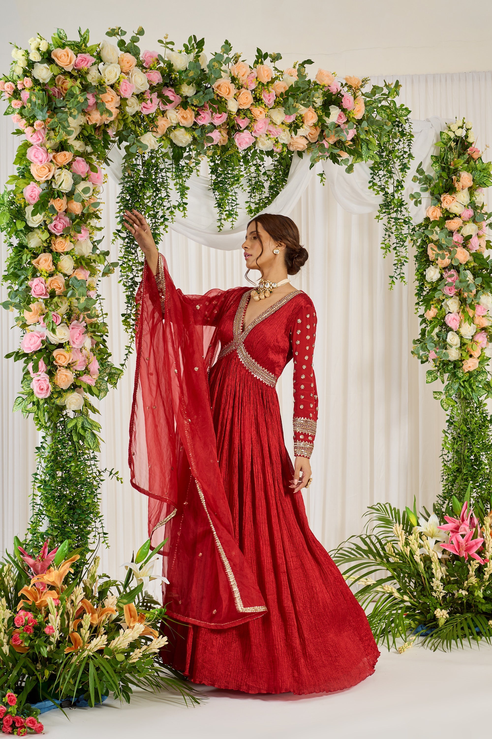 Red Floor Length Embroidered Karwa Anarkali | Nidhika Shekhar
