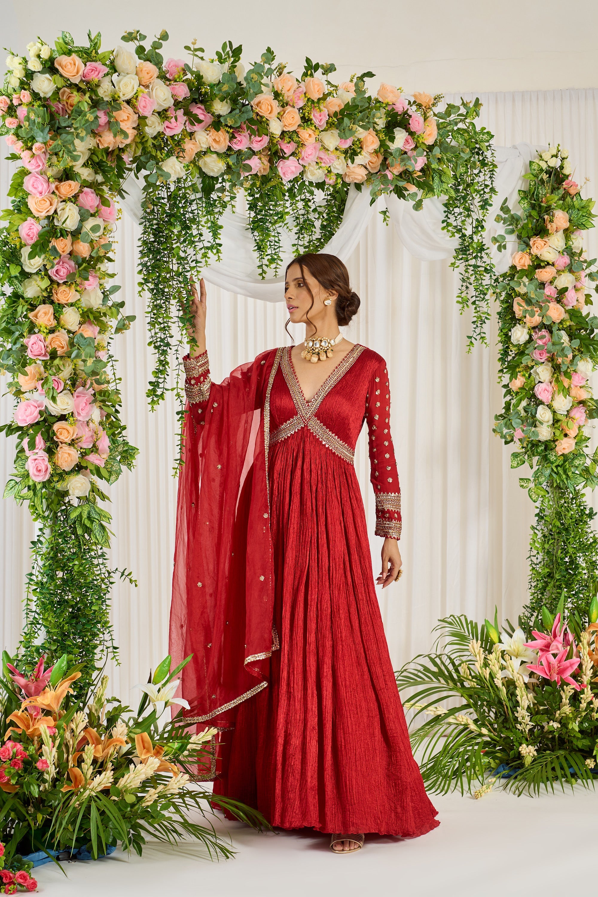 Red Floor Length Embroidered Karwa Anarkali | Nidhika Shekhar