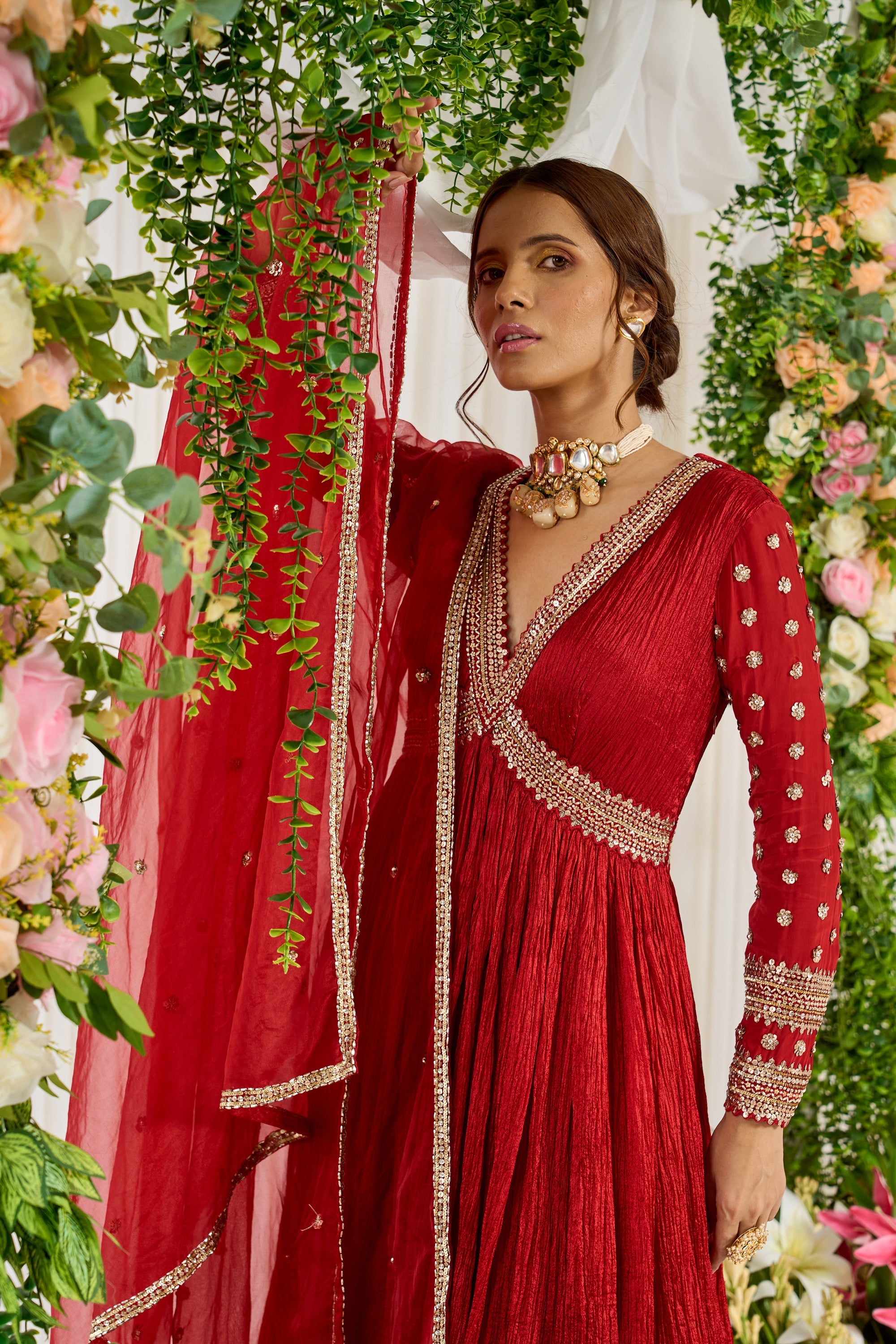 Red Floor Length Embroidered Karwa Anarkali | Nidhika Shekhar