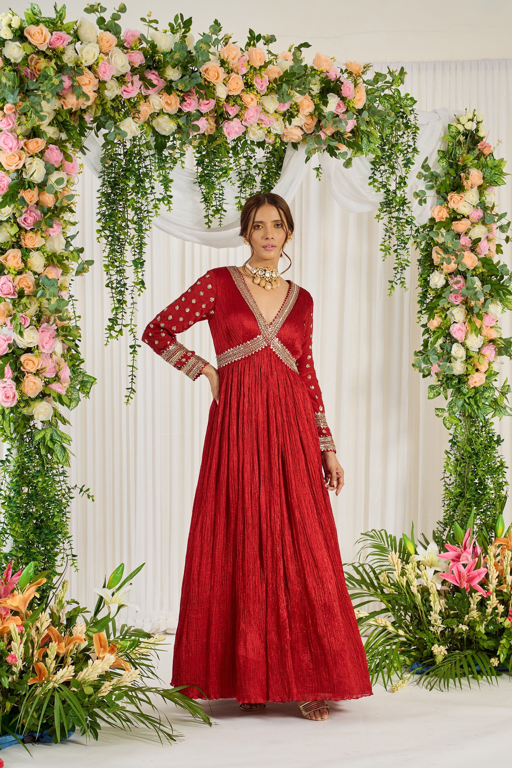 Red Floor Length Embroidered Karwa Anarkali | Nidhika Shekhar
