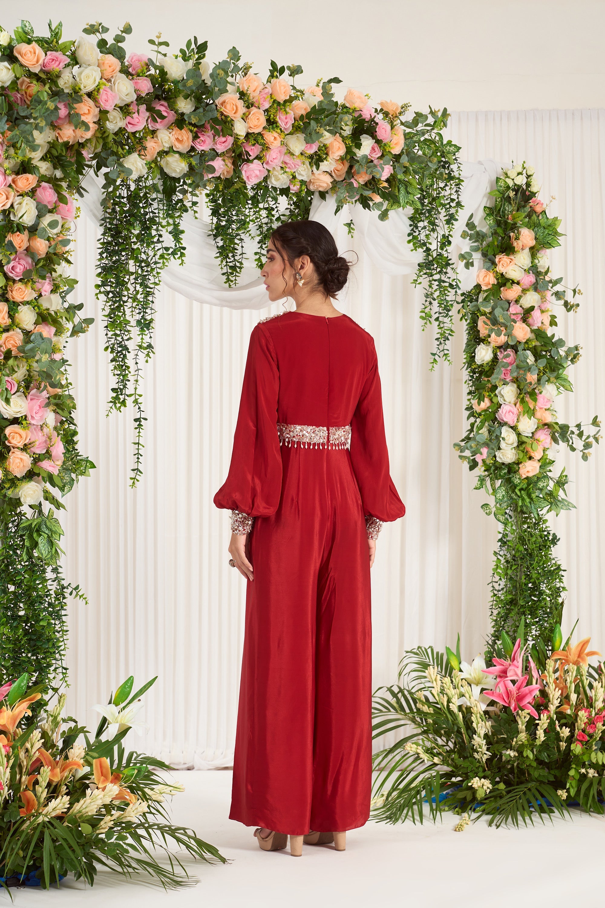 Designer Red Starry Embroidered Jumpsuit