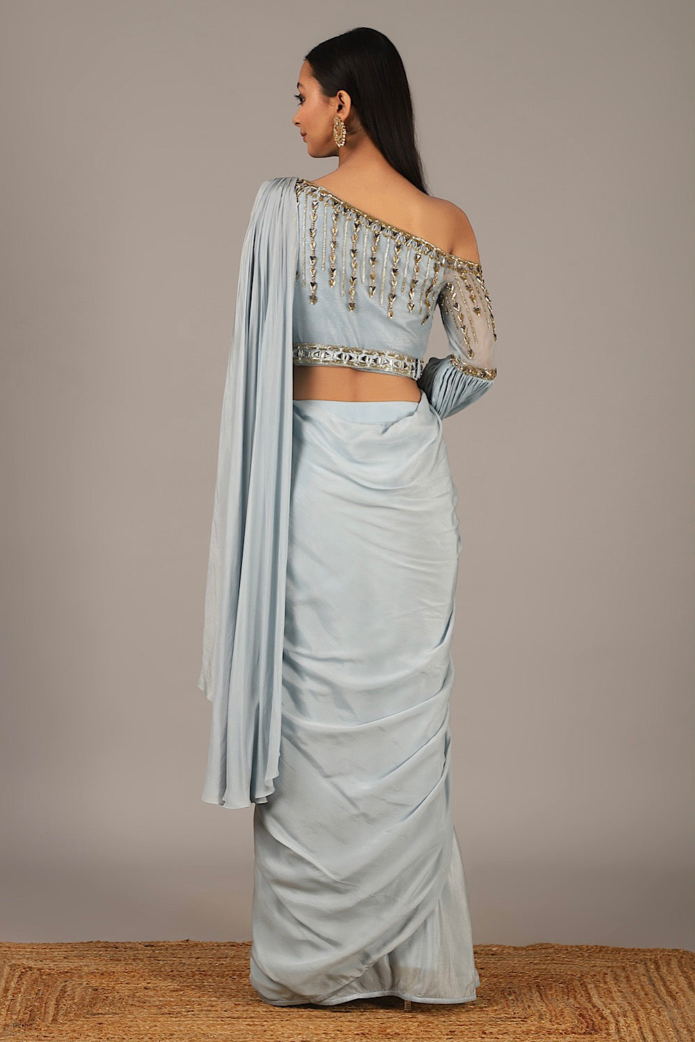 Shop Muted Aqua Off-Shoulder Drape Saree | Nidhika Shekhar