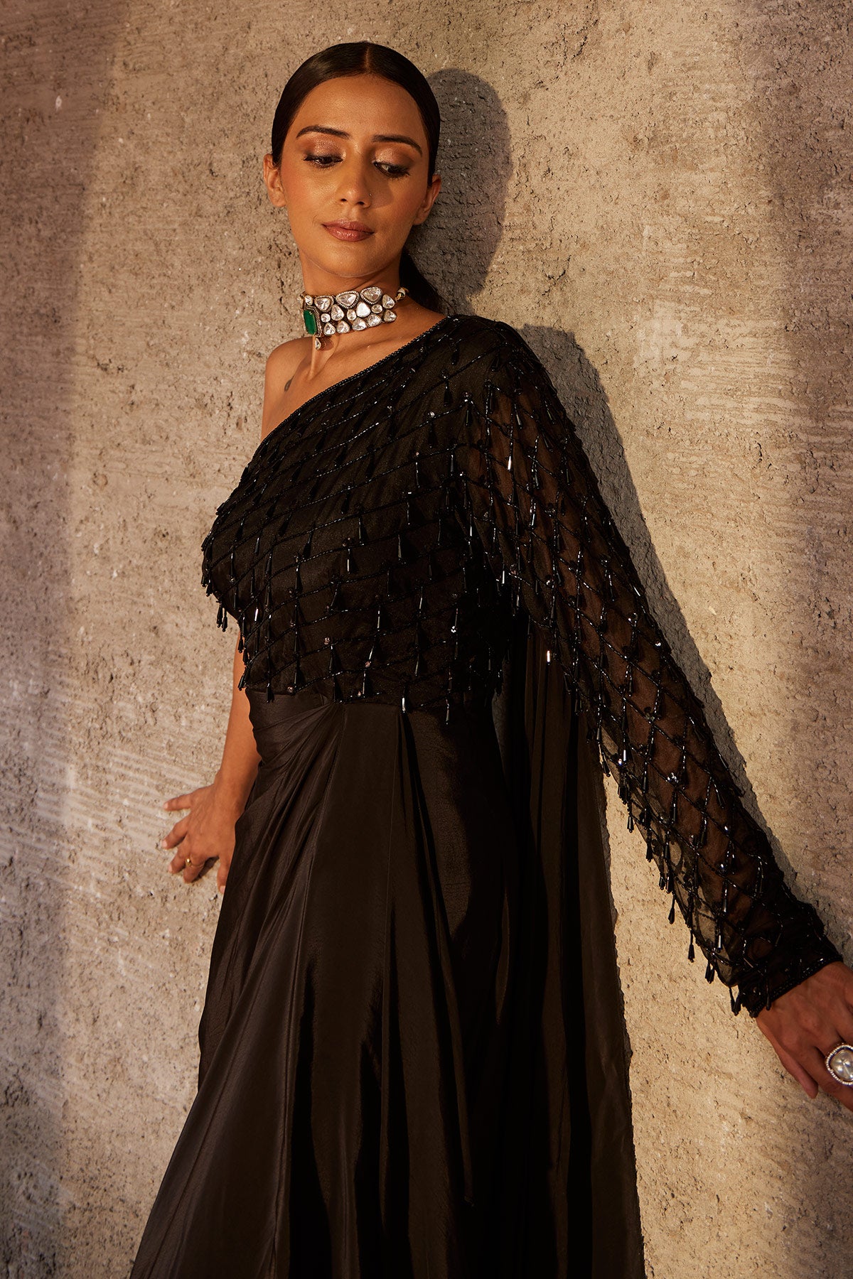 Buy Husna Utsav - Black One Shoulder Gown | Nidhika Shekhar