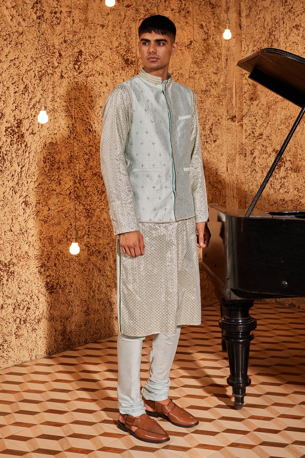Aqua Kurta Set With Silk Bandi