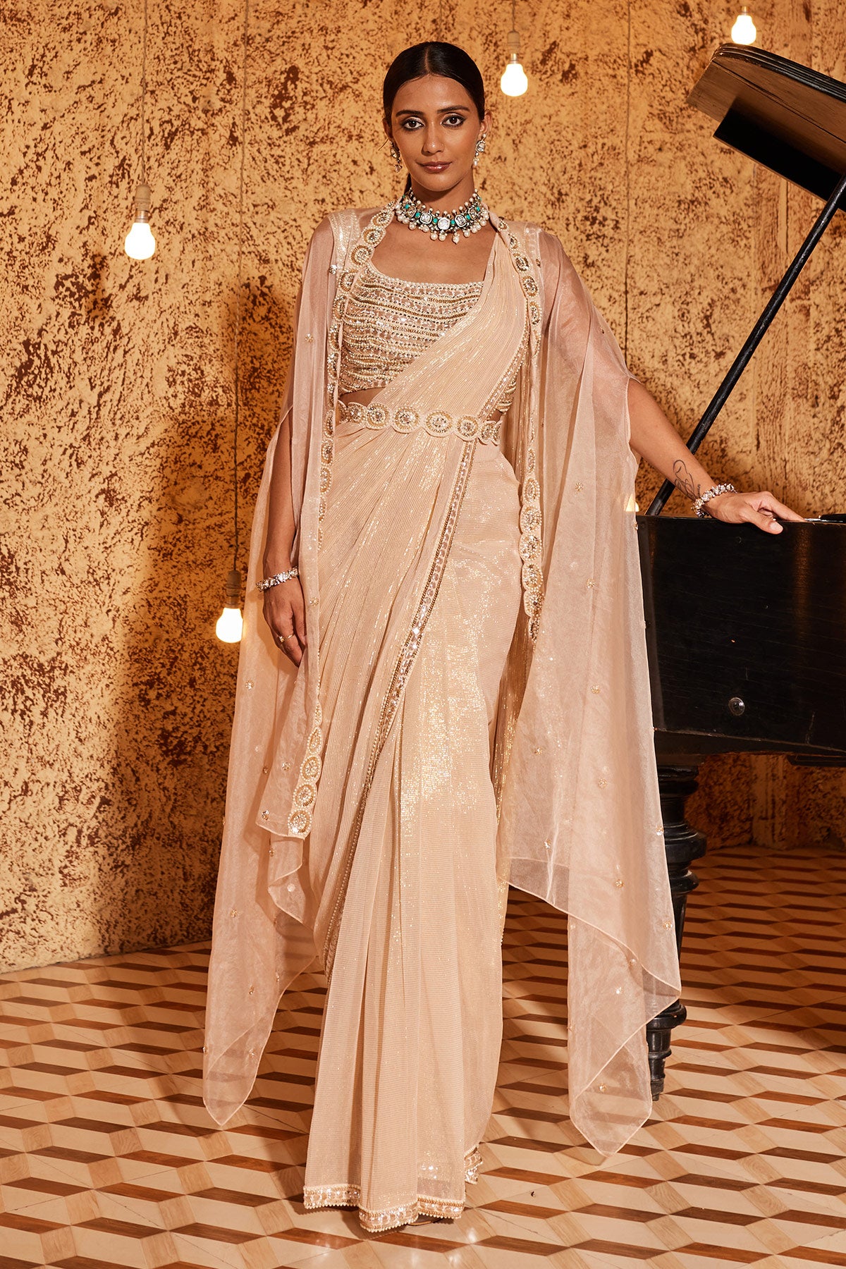Buy Women's Champagne Sequin Saree Set | Nidhika Shekhar