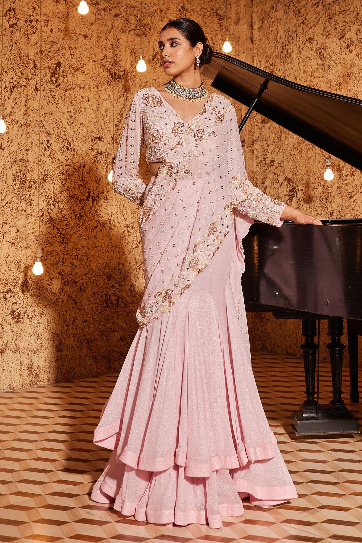 Buy Pink Drape Jashn.E. Bahaar Saree Set