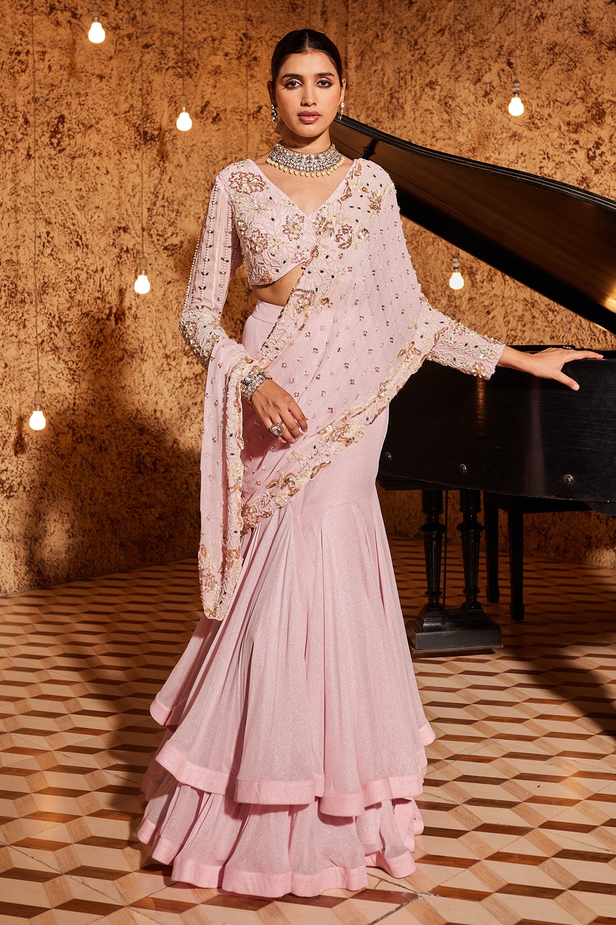 Buy Pink Drape Jashn.E. Bahaar Saree Set 