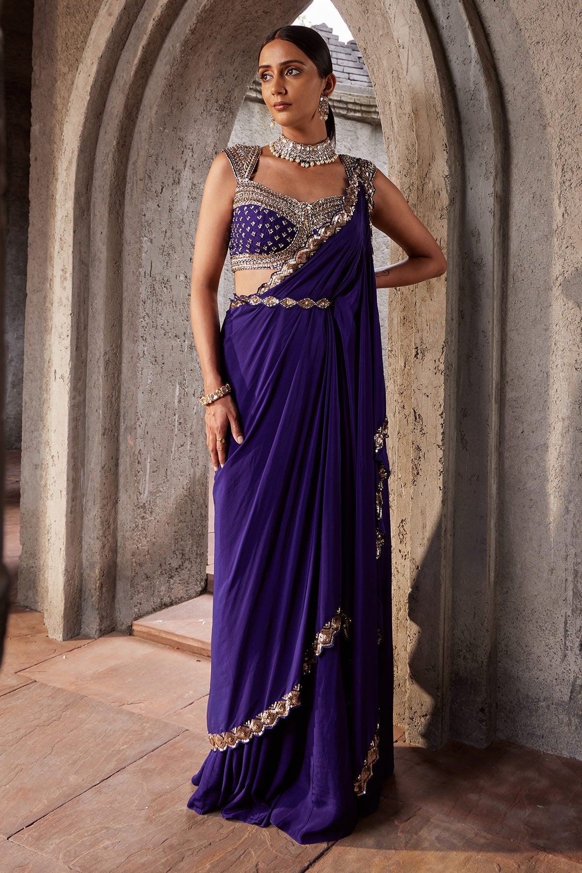 Women's Designer Purple Embroidered Saree