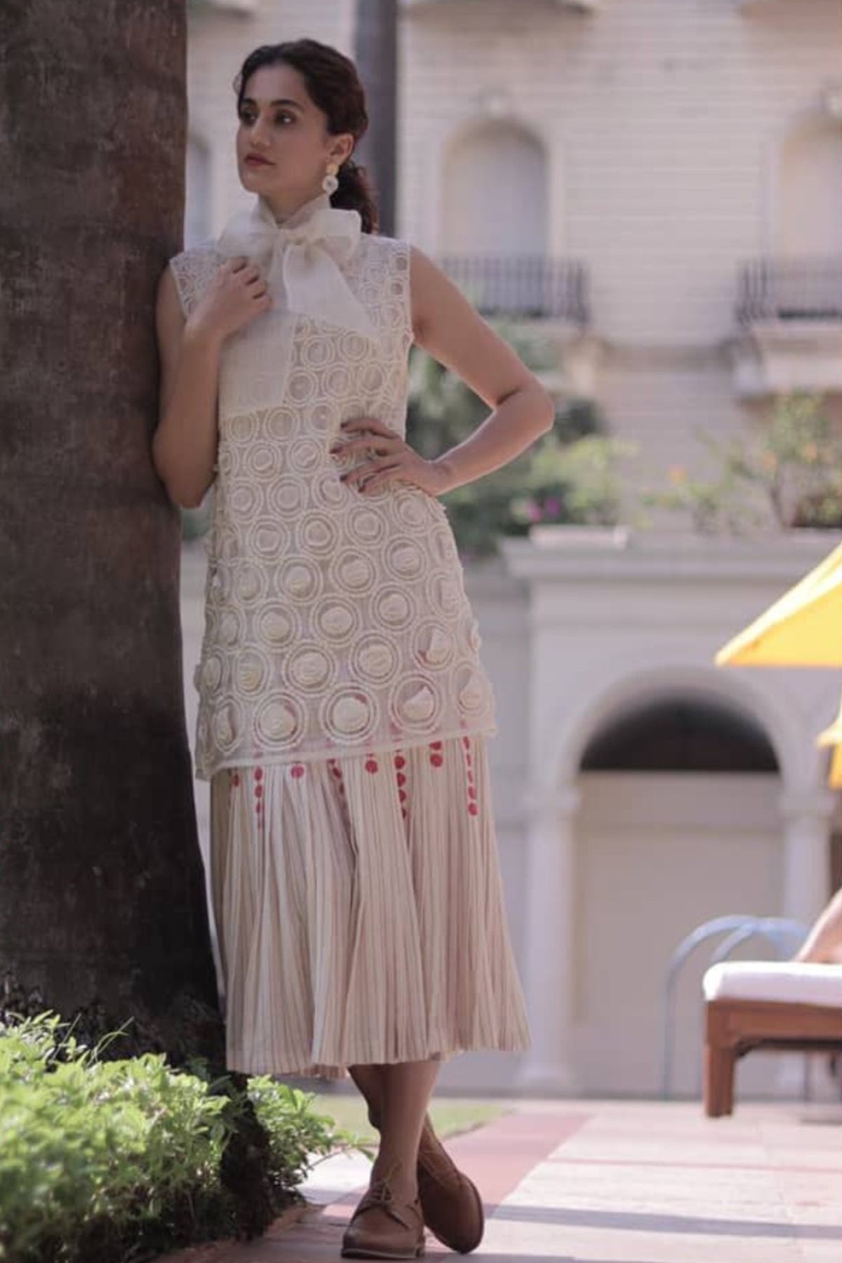 Women's Off-White Embroidered Strip Dress | Nidhika Shekhar