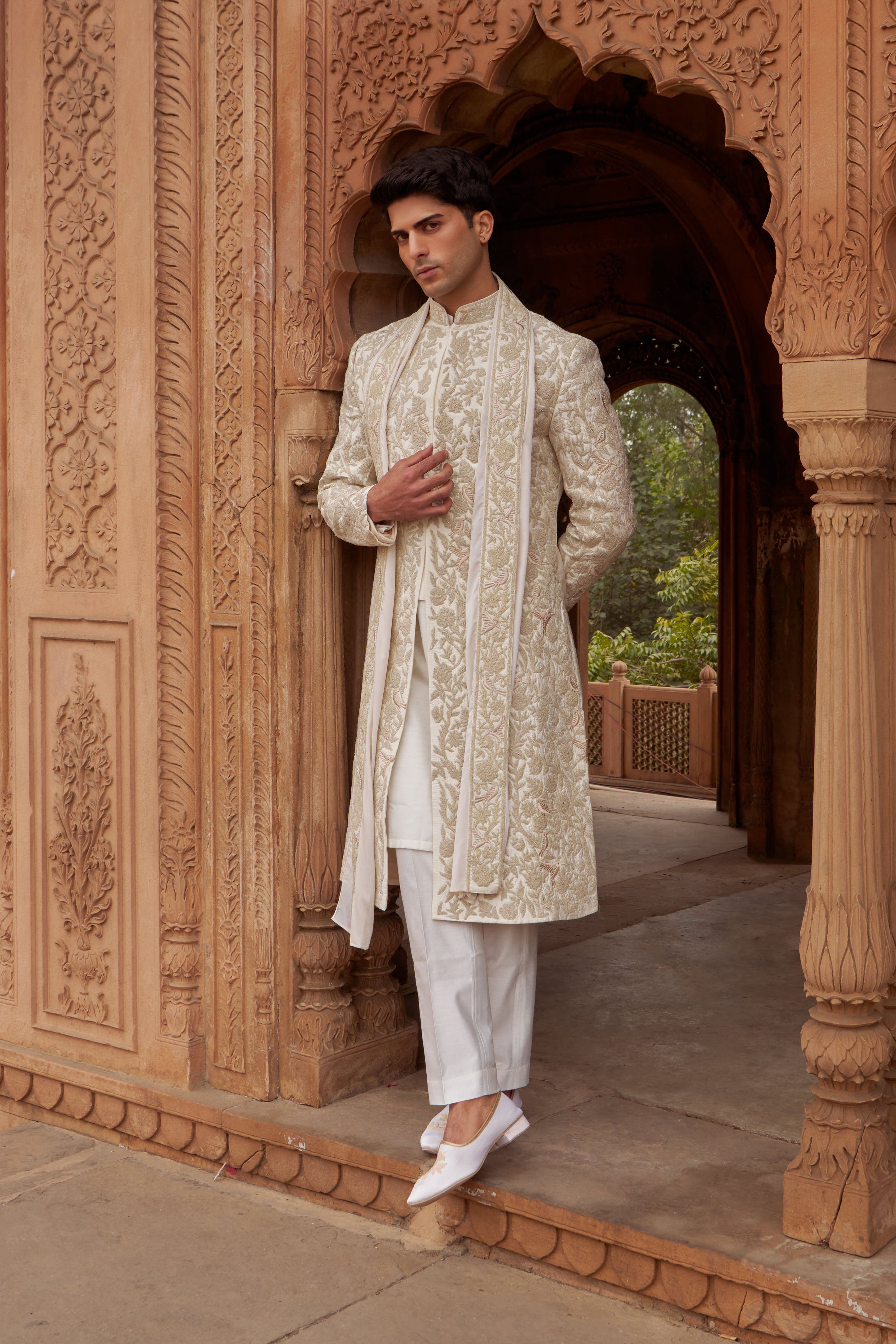 Trifecta ivory tree of life sherwani