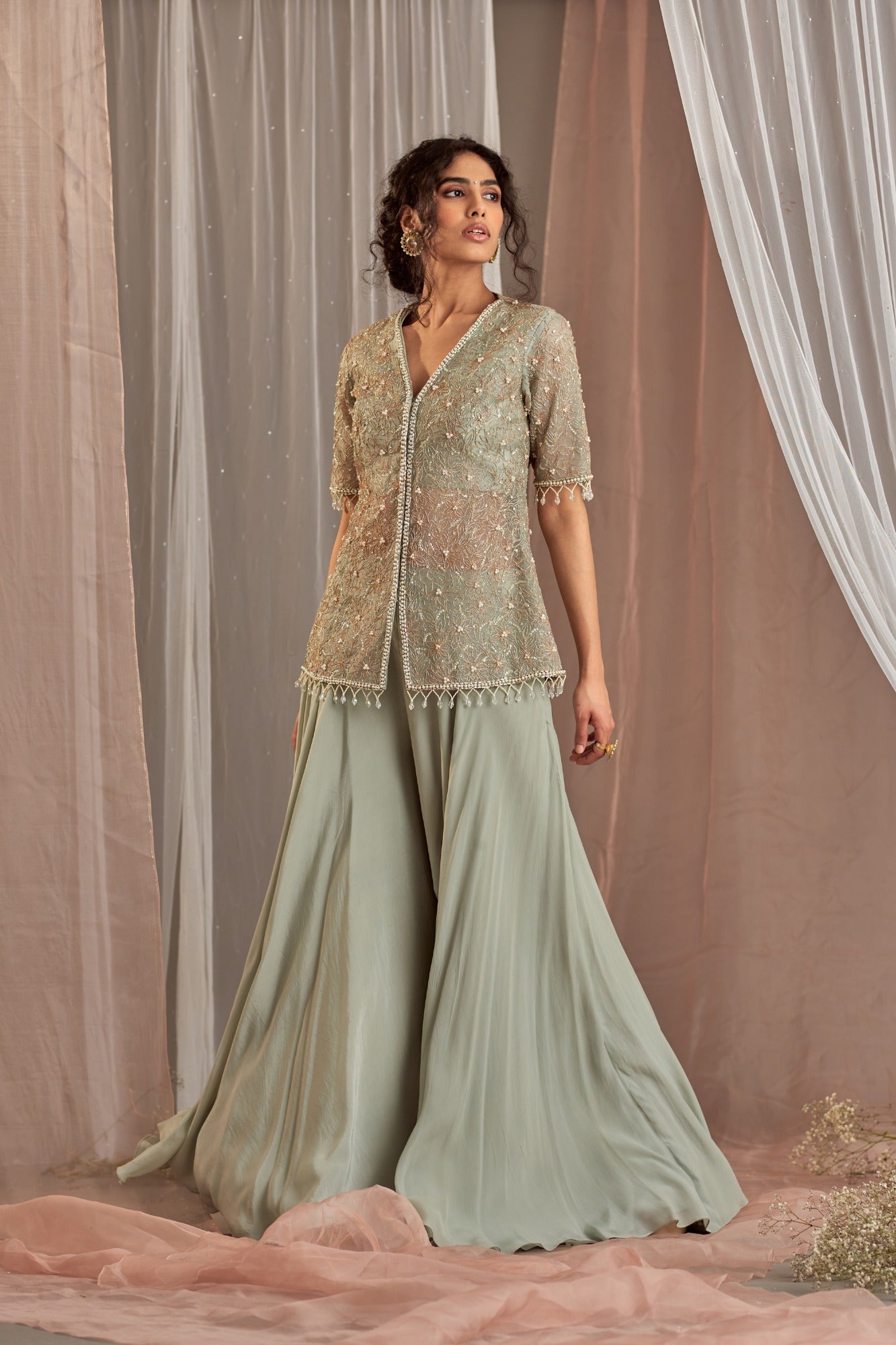 Muted Dull Green Organza Sharara Set