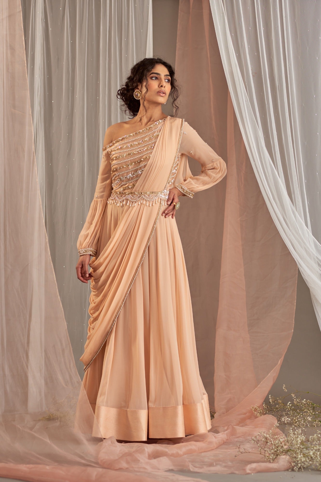Buy Pink One-shoulder Embroidered Anarkali | Nidhika Shekhar