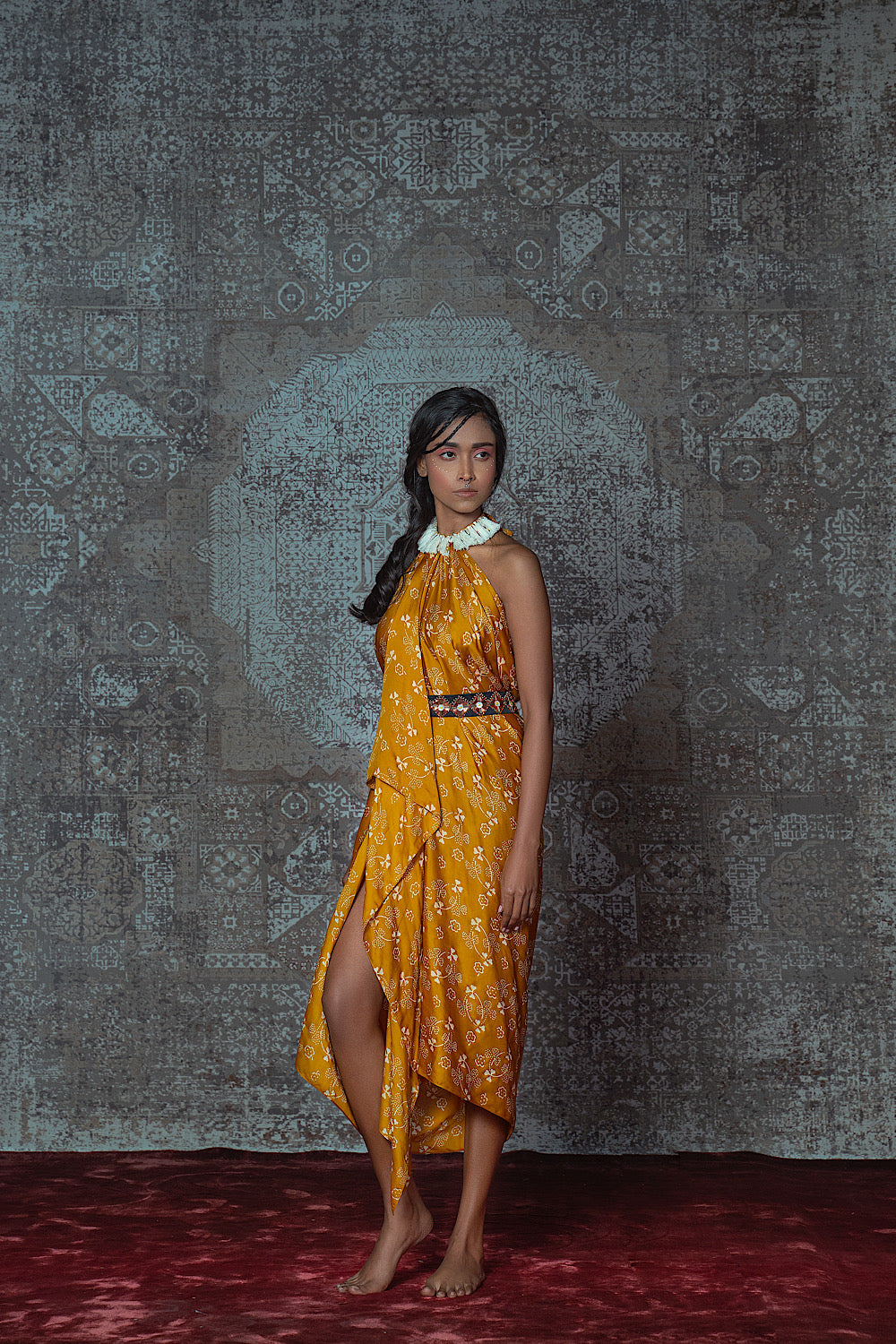 Buy Yellow Ajrakh Print Drape Halter Dress | Nidhika Shekhar