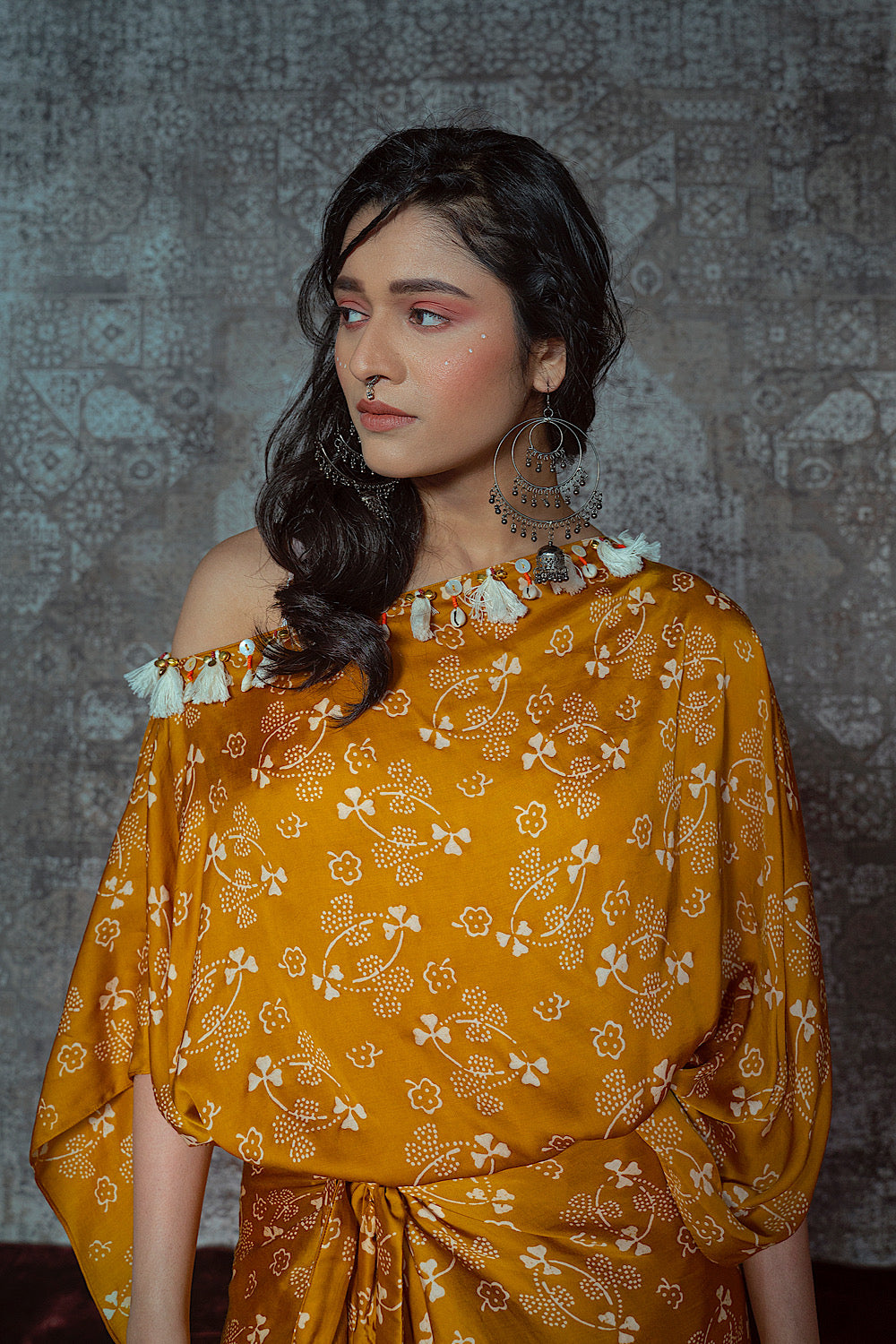 Buy Yellow Printed Off Shoulder Wrap Dress | Nidhika Shekhar
