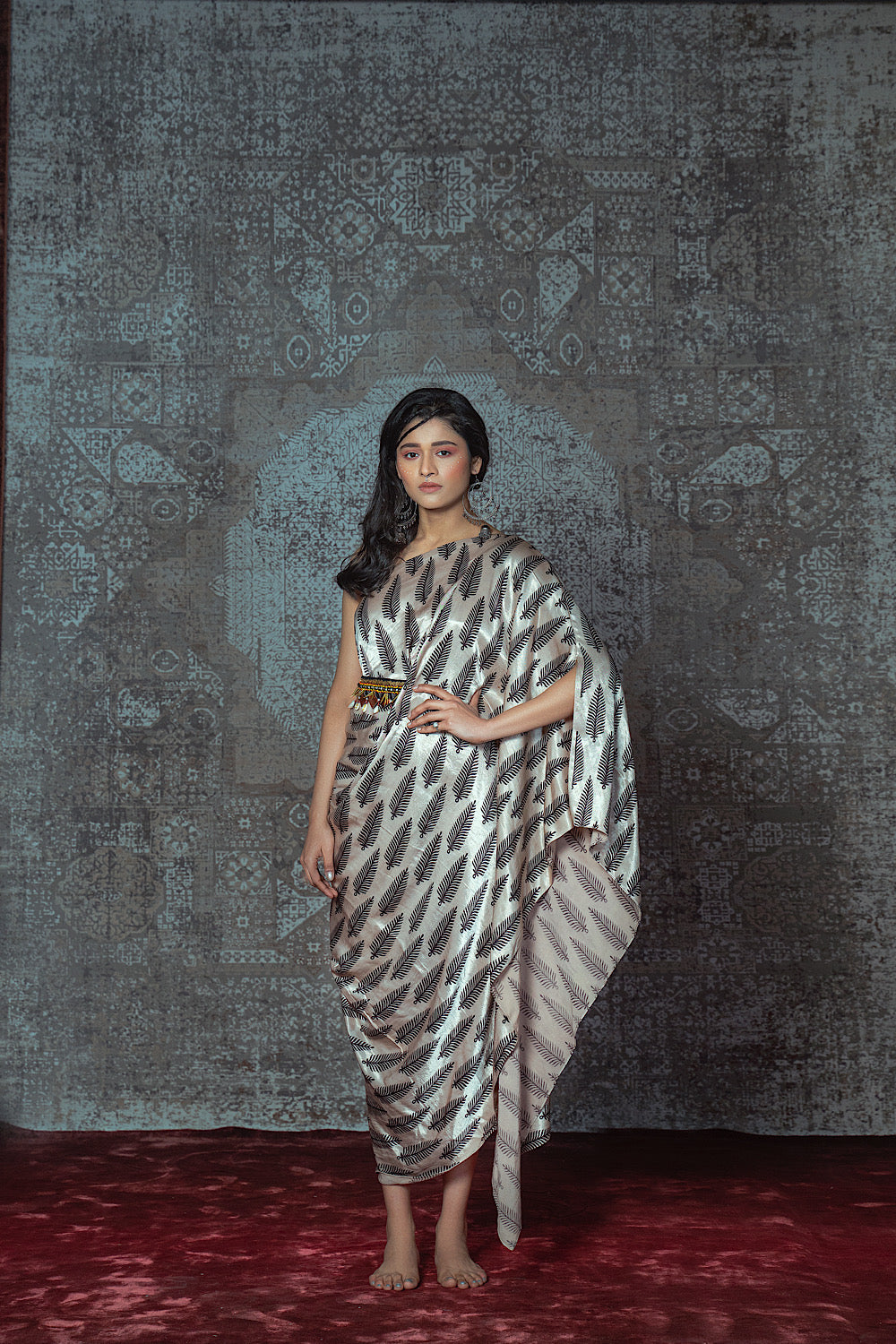 Buy Beige Printed One-Shoulder Drape Dress |Nidhika Shekhar
