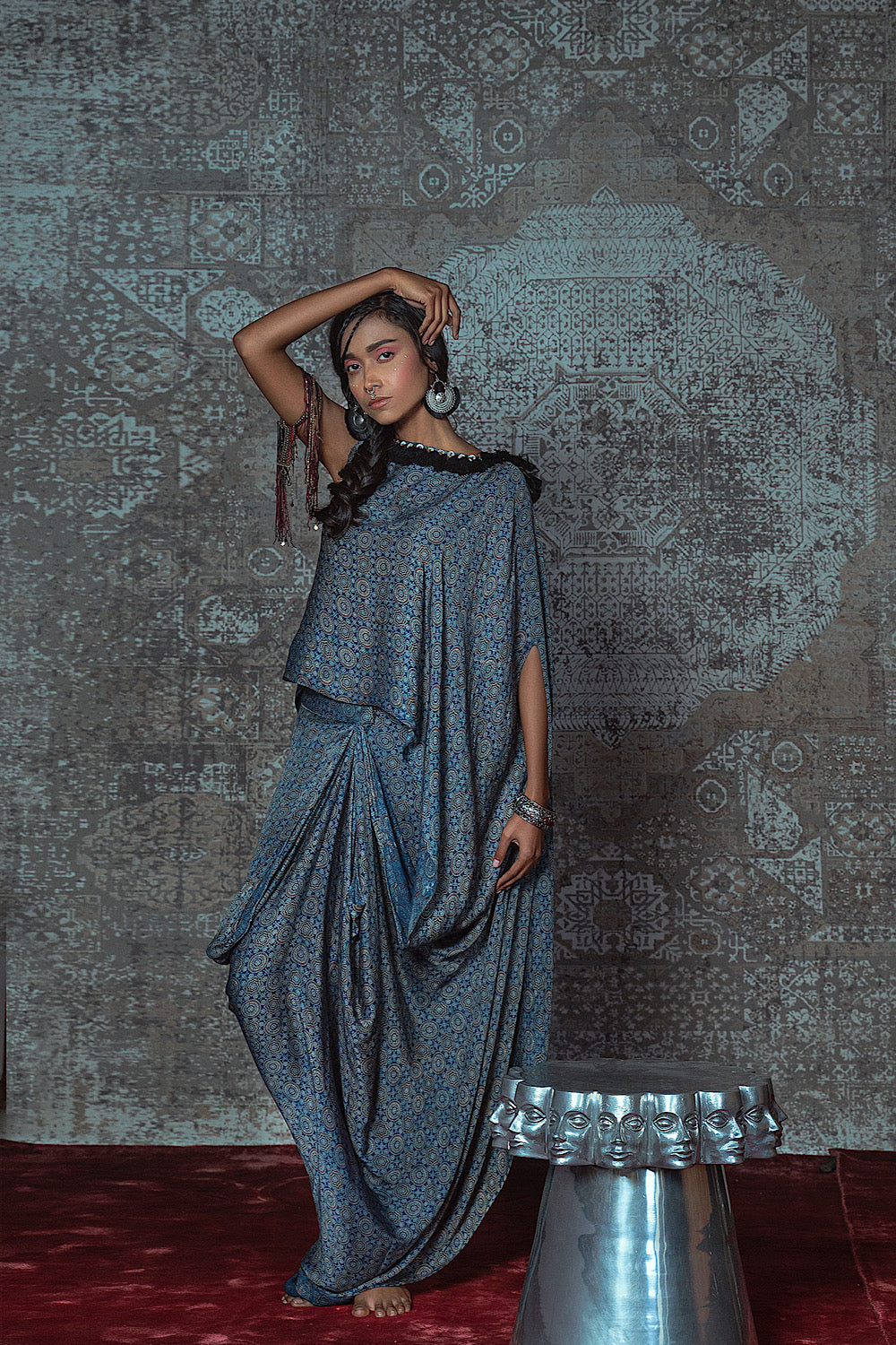 Buy Women's Blue Ajrakh Printed Wrap Dress | Nidhika Shekhar