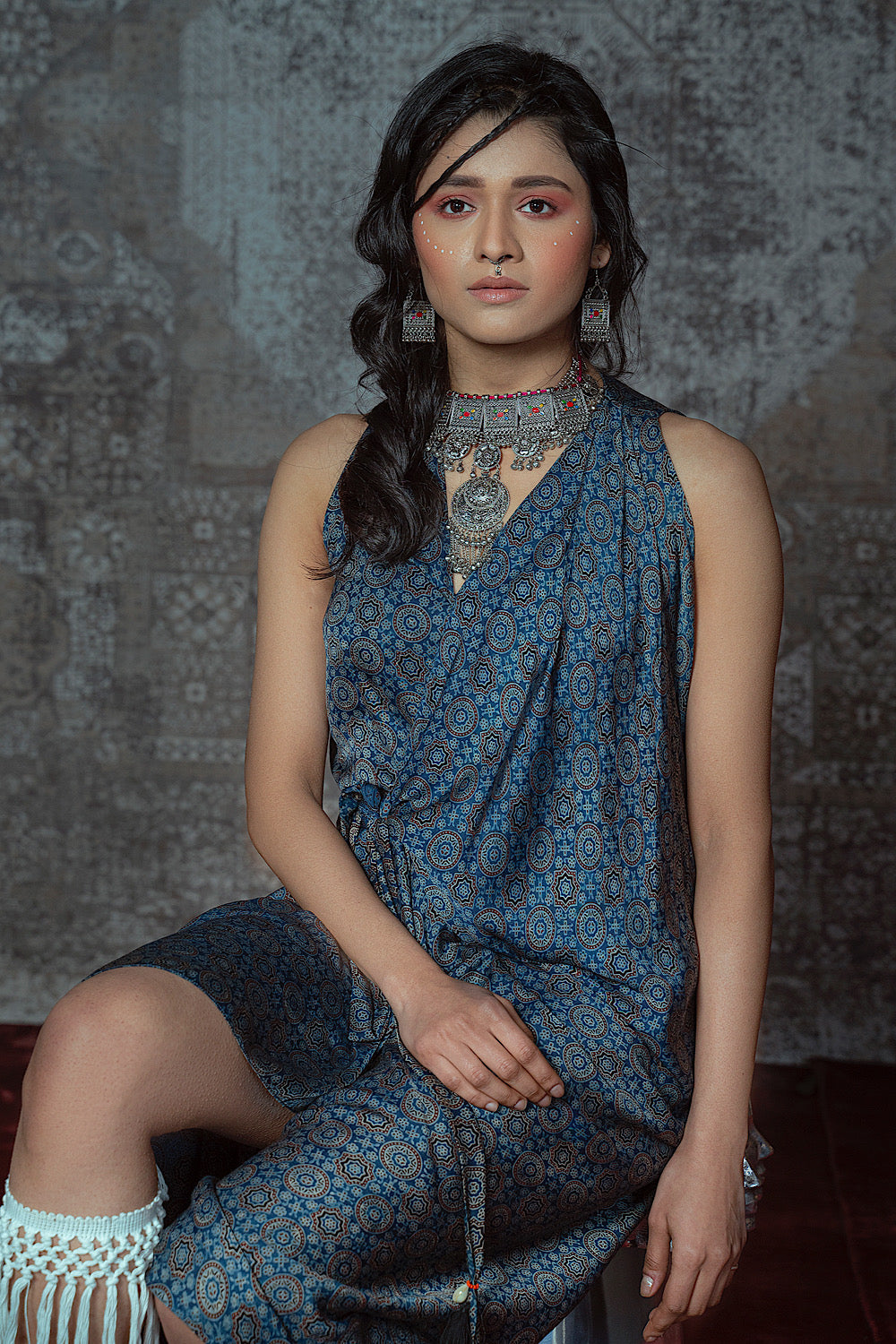 Designer Women's Blue Printed Wrap Dress