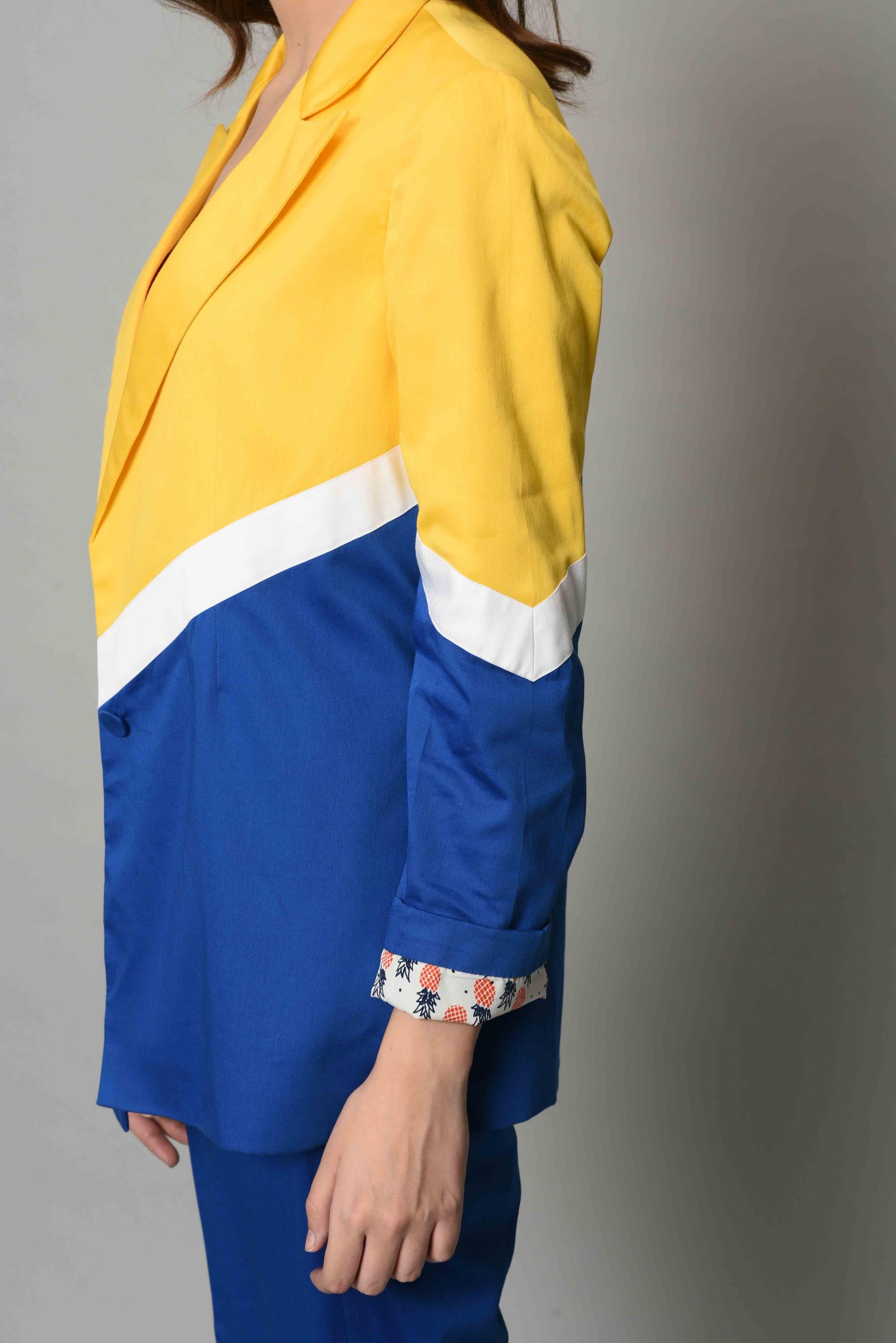 Yellow And Blue Colour Block Blazer Set