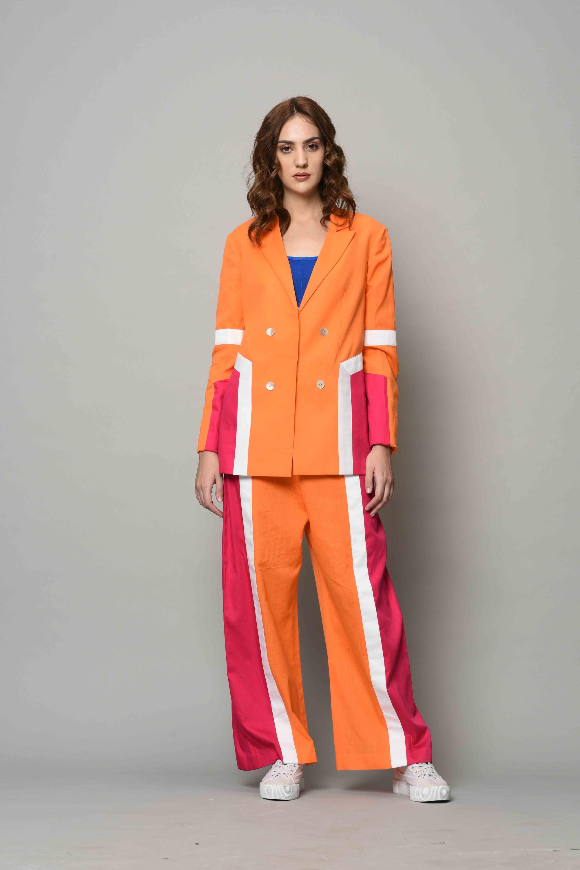 Designer Orange-Pink Color-Block Blazer Set | Nidhika Shekhar