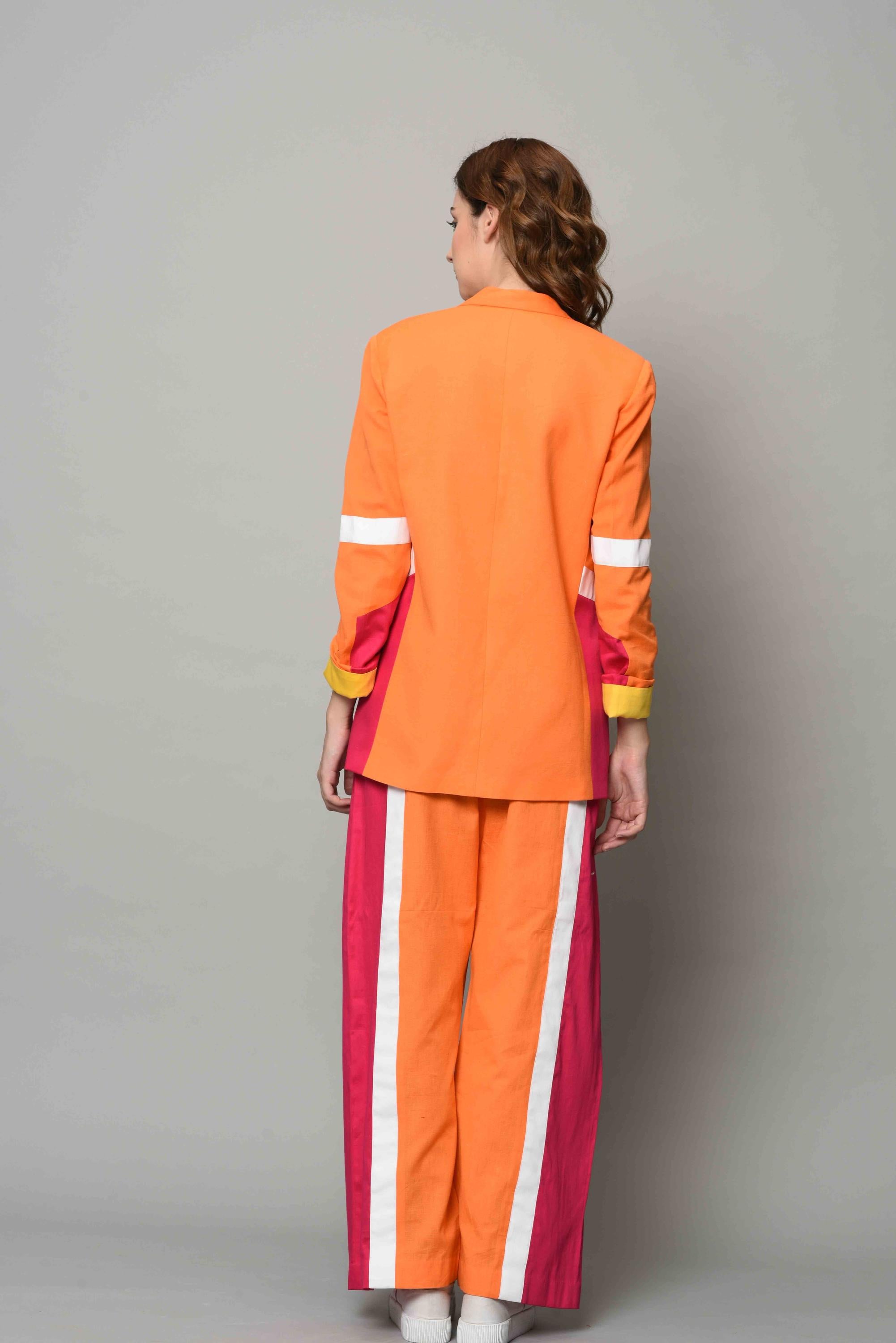 Women's Orange-Pink Color-block Blazer Set |Nidhika Shekhar