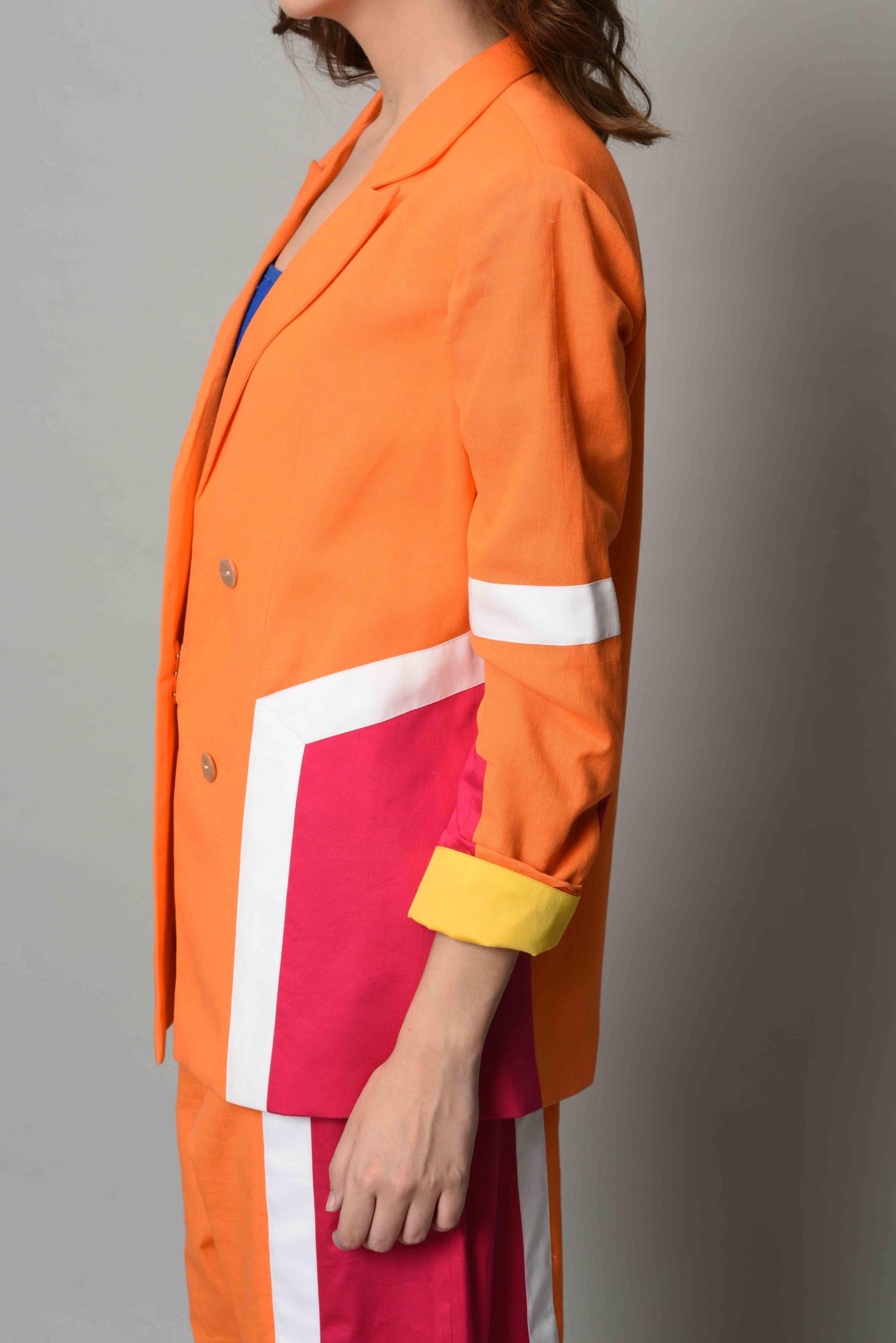 Orange And Pink Colour Block Blazer Set