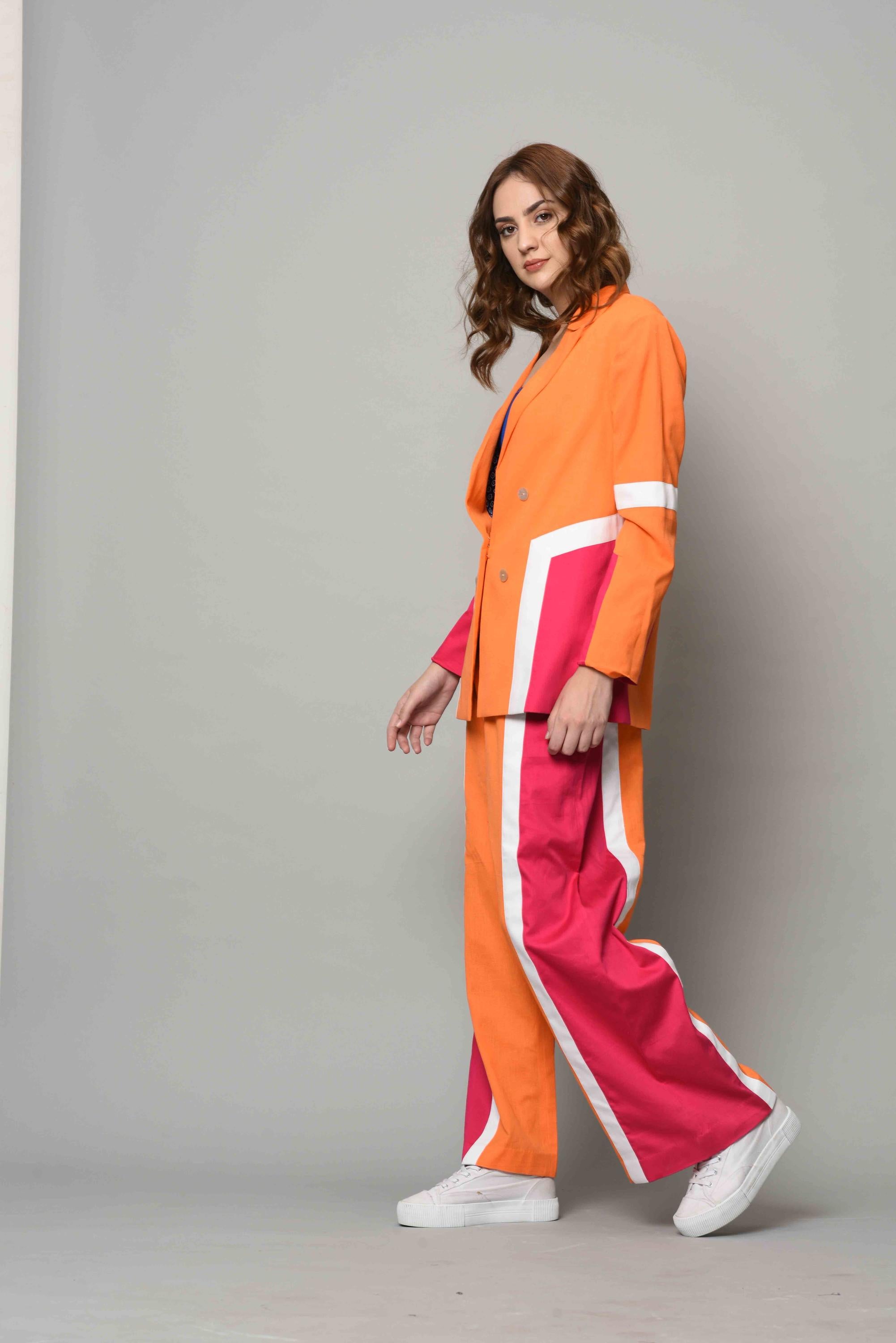 Orange And Pink Colour Block Blazer Set