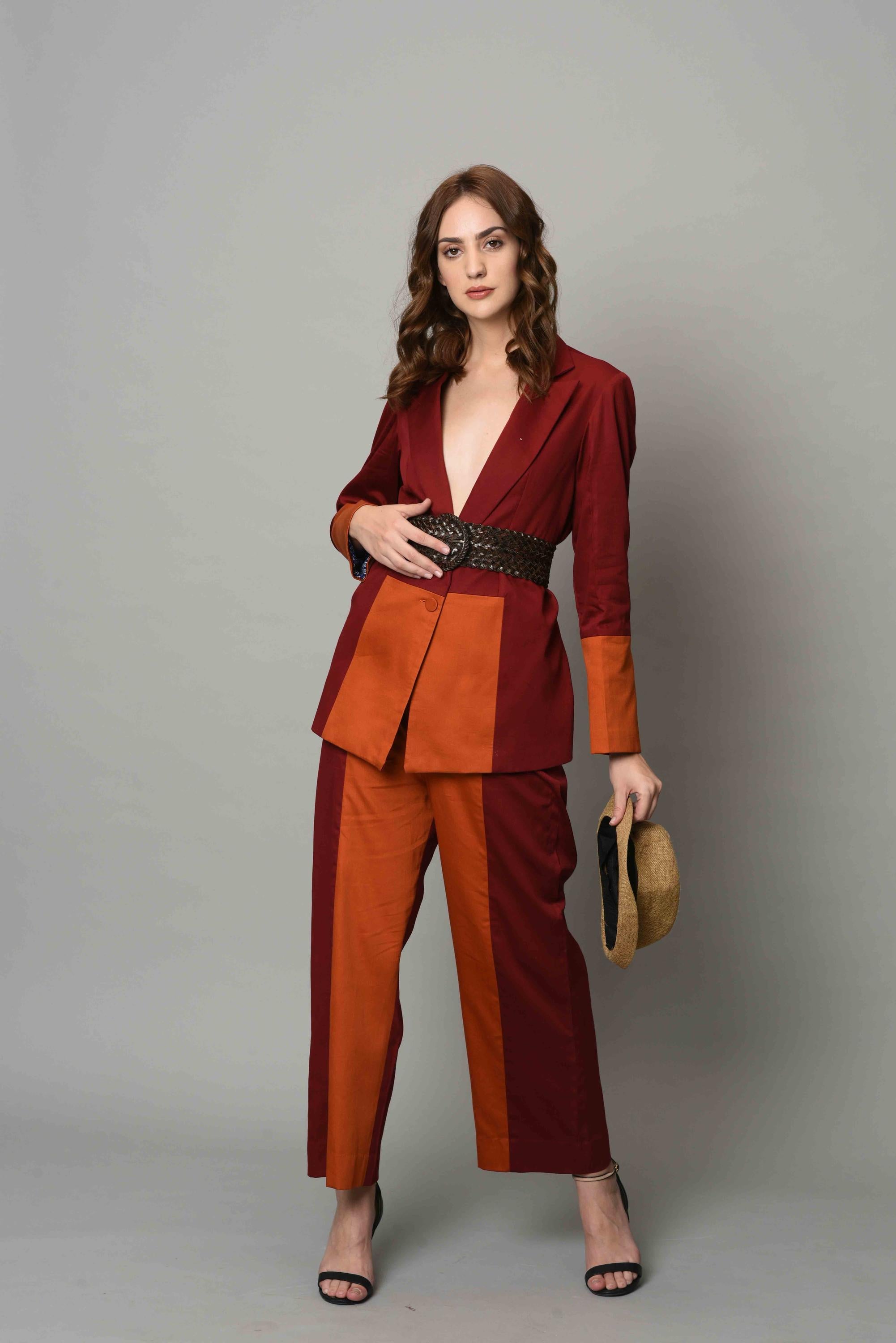Buy Maroon And Rust Color-block Blazer Set | Nidhika Shekhar