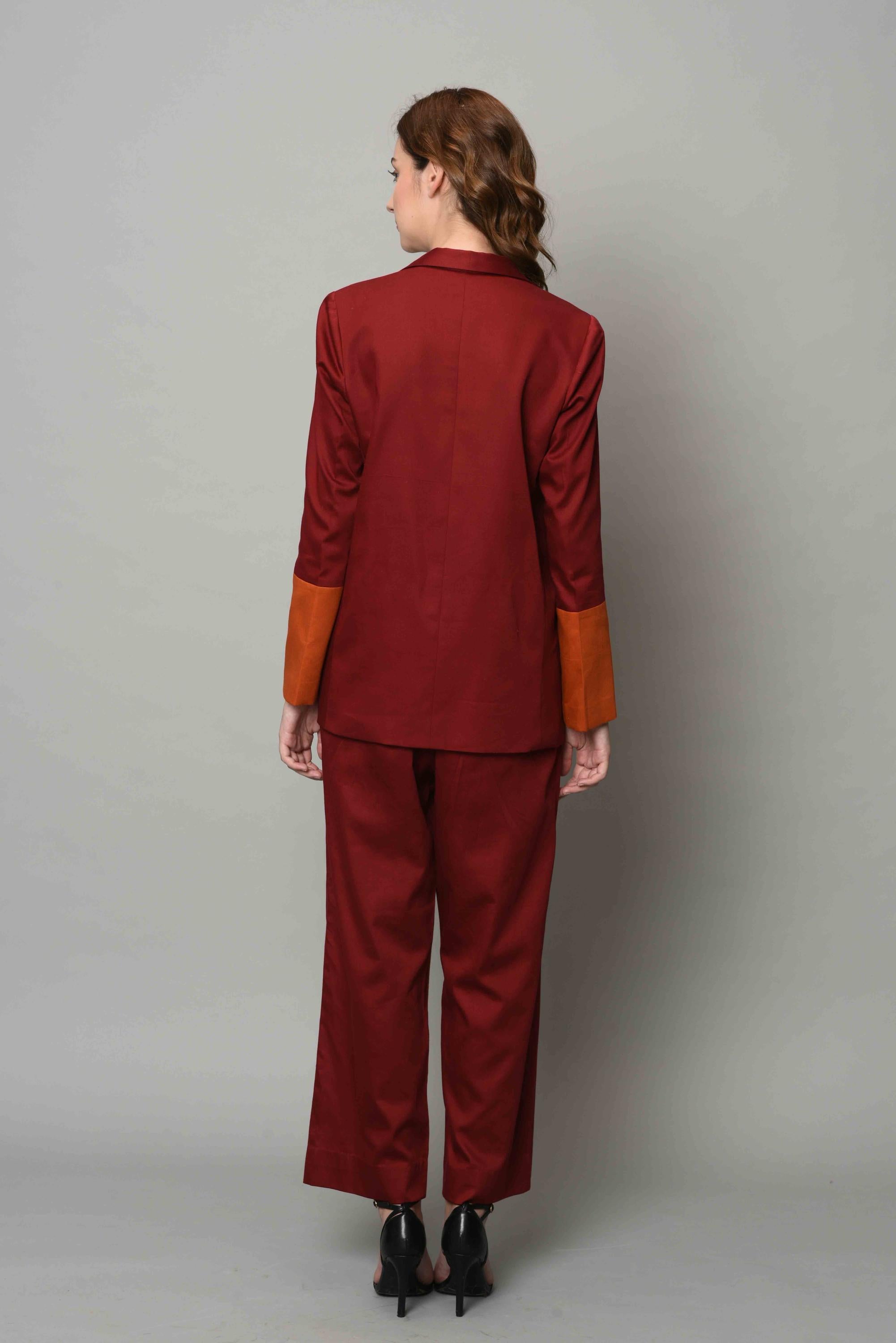 Buy Maroon And Rust Color-block Blazer Set | Nidhika Shekhar