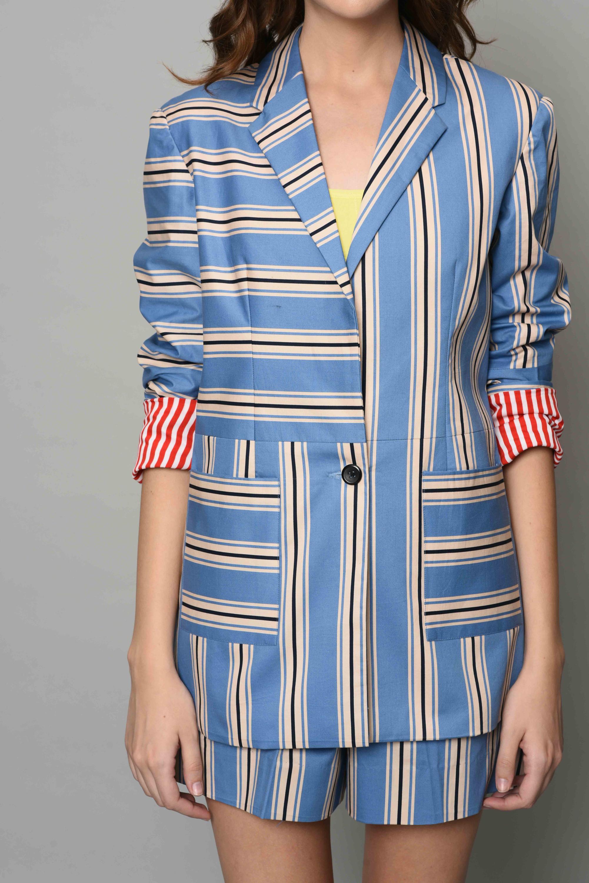 Buy Women's Blue And White Strip Blazer Set | Nidhika Shekhar