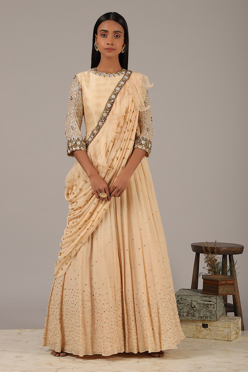 Buy Women's Beigish Peach Saree Gown | Nidhika Shekhar