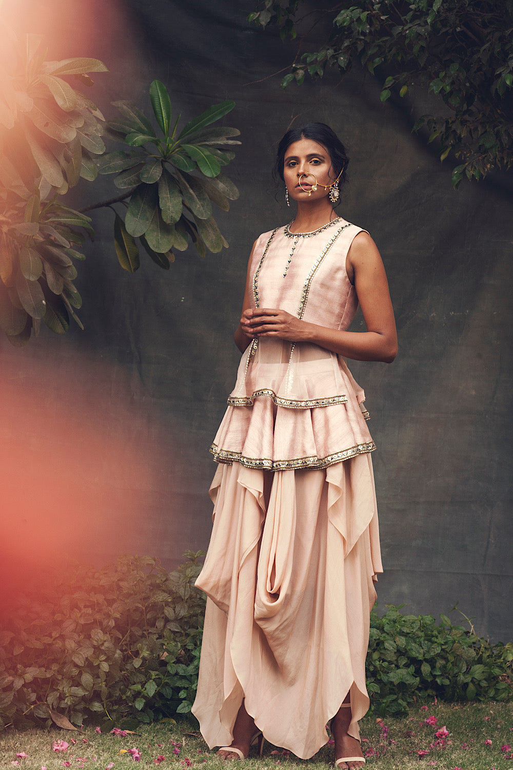 Shop Designer Pink Peplum Drape Skirt Set | Nidhika Shekhar