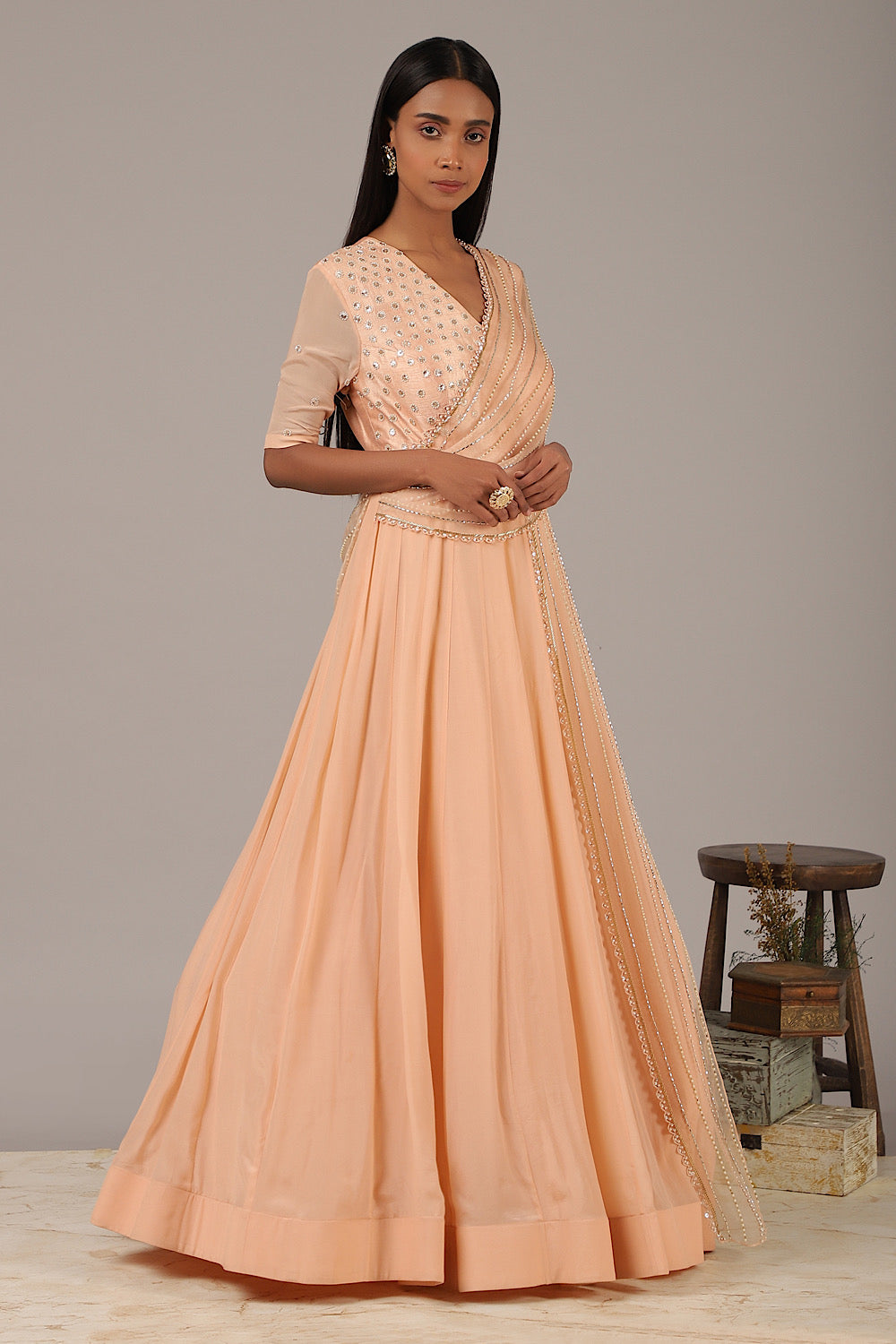 Women's Designer Peach Pankhi Organza Gown | Nidhika Shekhar