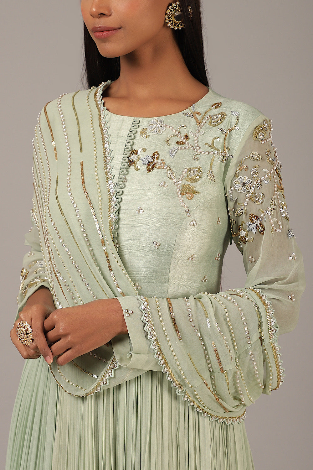 Women's Muted Crinkle Embroidered Anarkali | Nidhika Shekhar