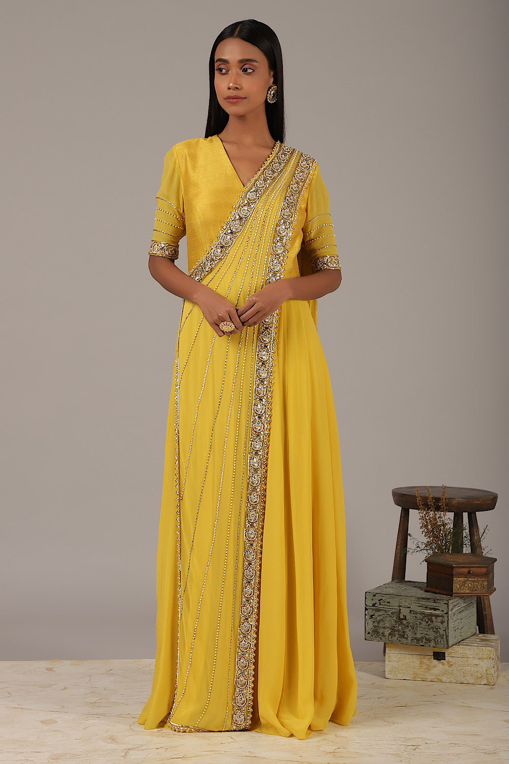 Shop Pankhi - Yellow Drape Anarkali Set | Nidhika Shekhar