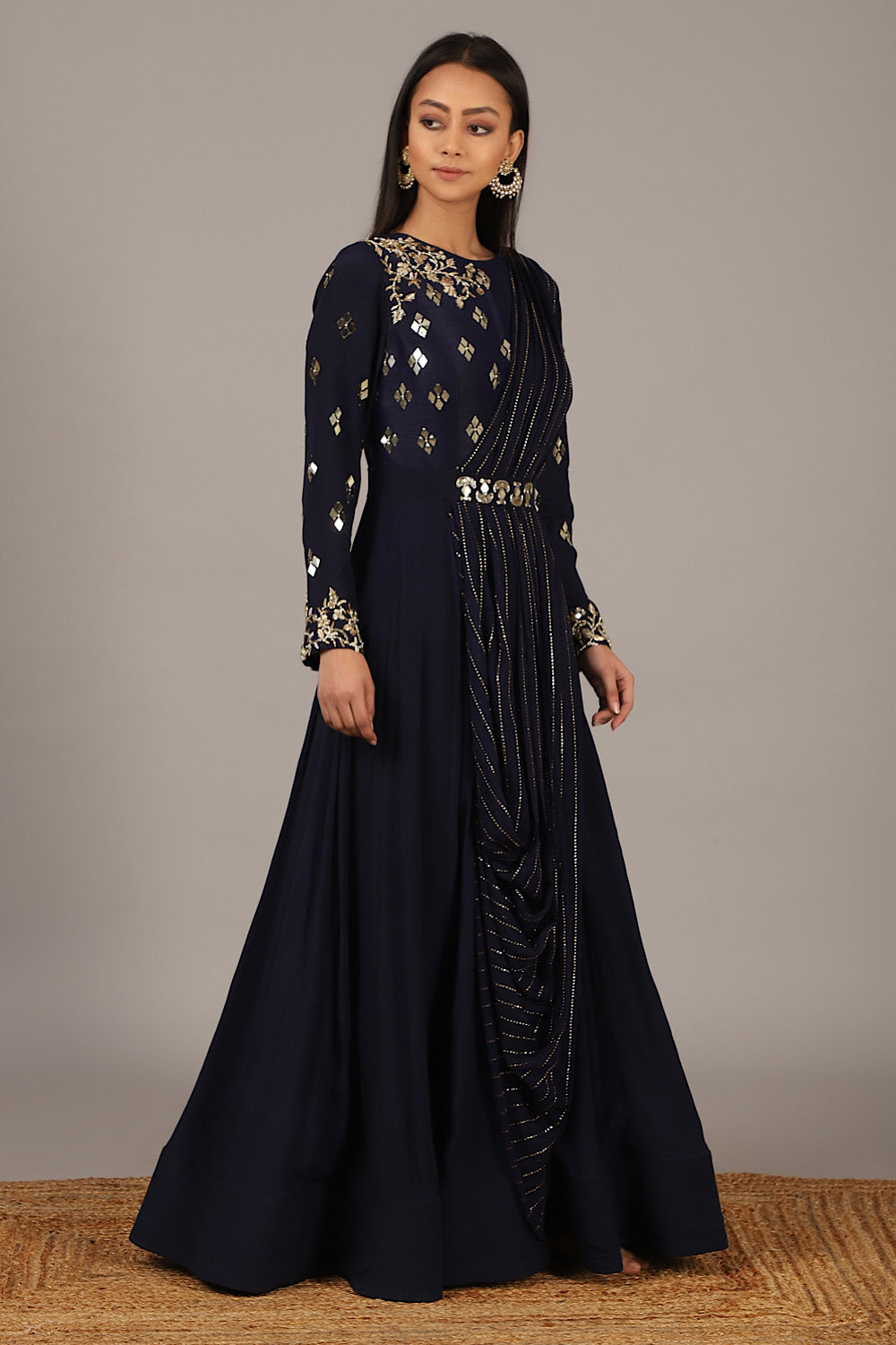 Women's Navy Blue Embroidered Indo-Gown | Nidhika Shekhar