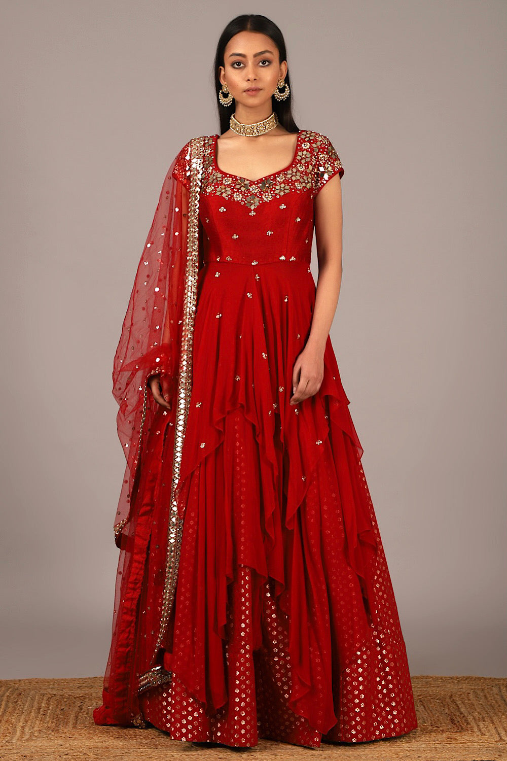 Buy Red Double Layer Drape Lehenga Set | Nidhika Shekhar