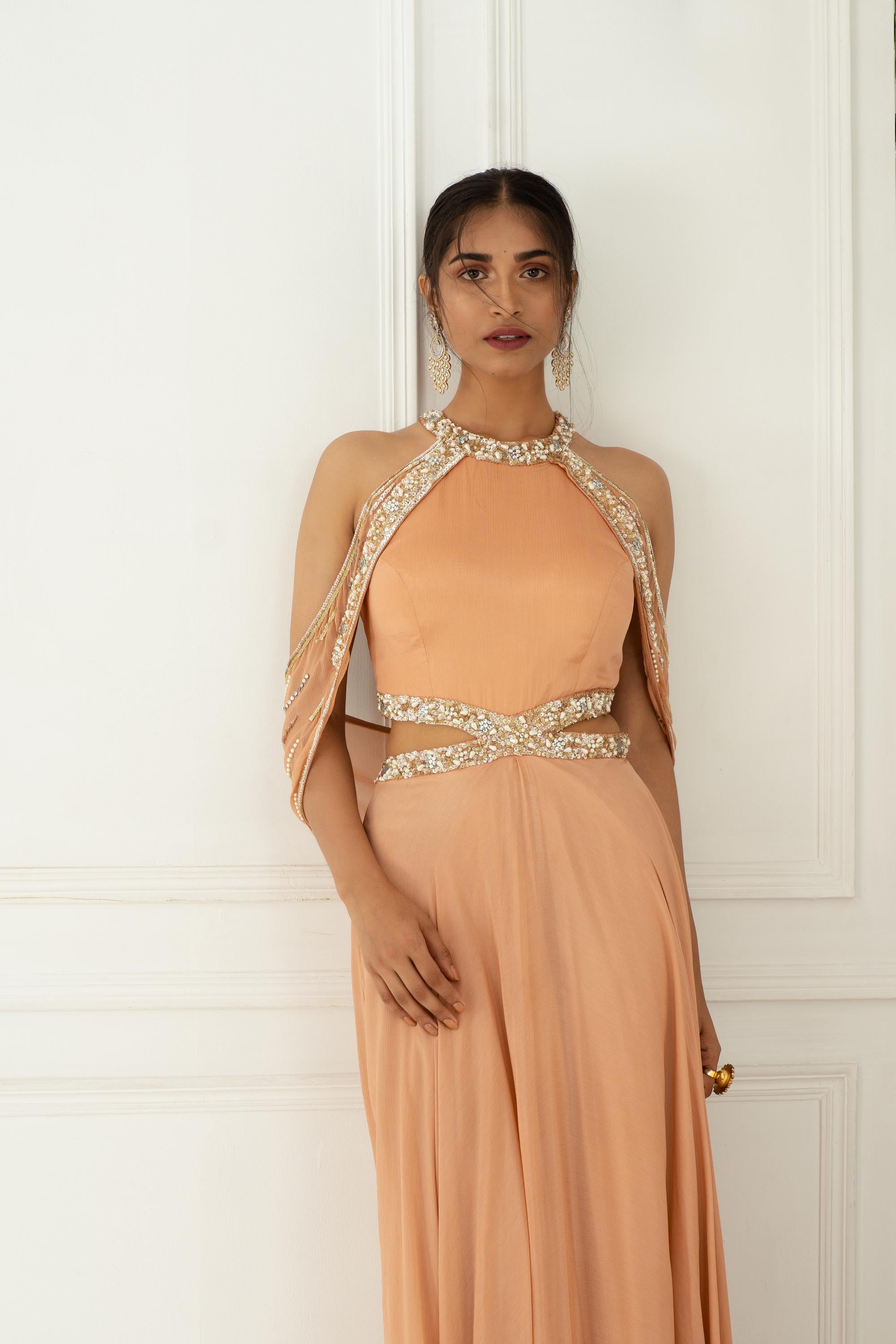 Buy Blush Pink Cold-Shoulder Drape Gown | Nidhika Shekhar