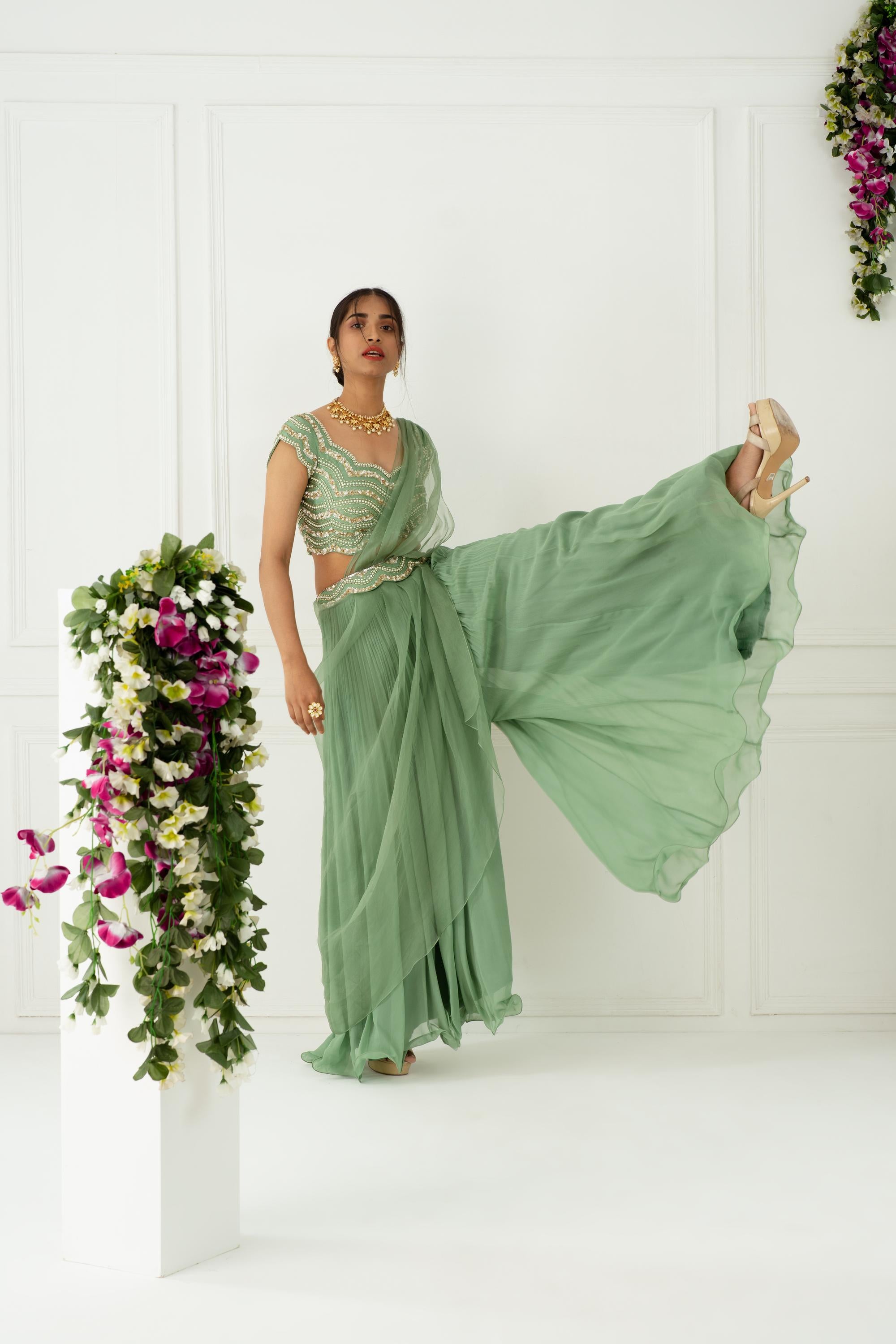 Women's Designer Olive Green Sharara Set | Nidhika Shekhar