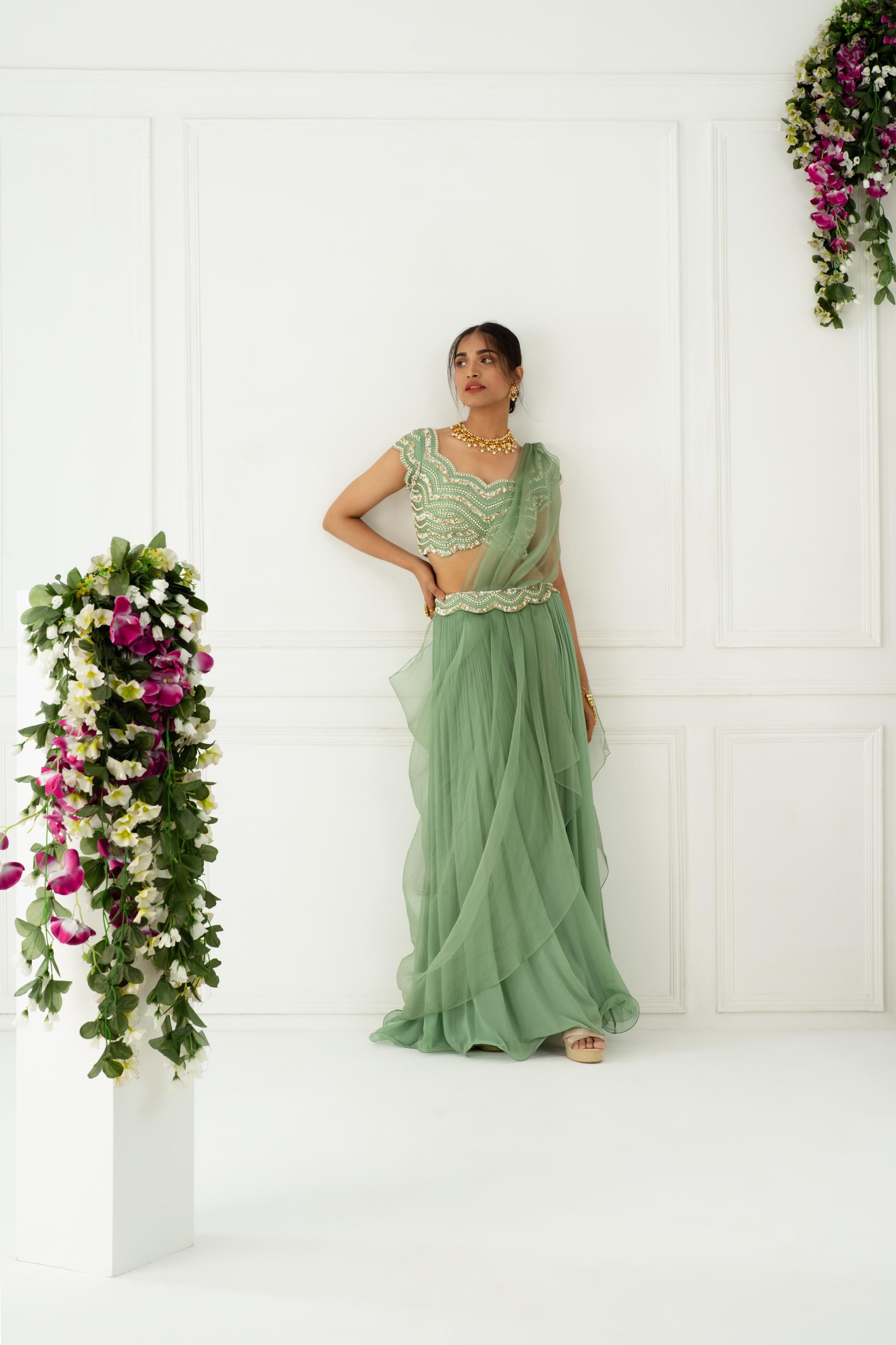 Women's Designer Olive Green Sharara Set | Nidhika Shekhar