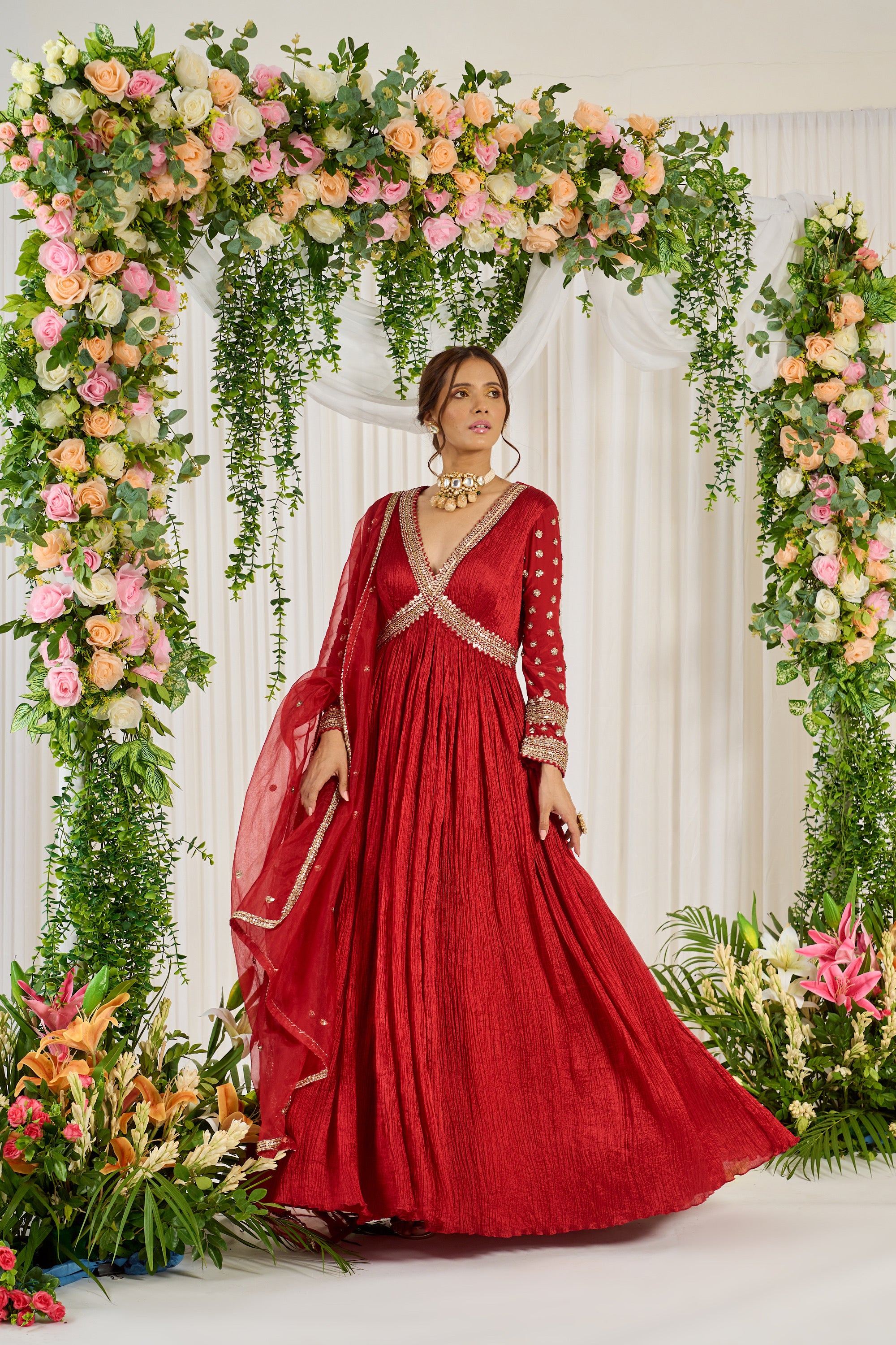 Red Floor Length Embroidered Karwa Anarkali | Nidhika Shekhar