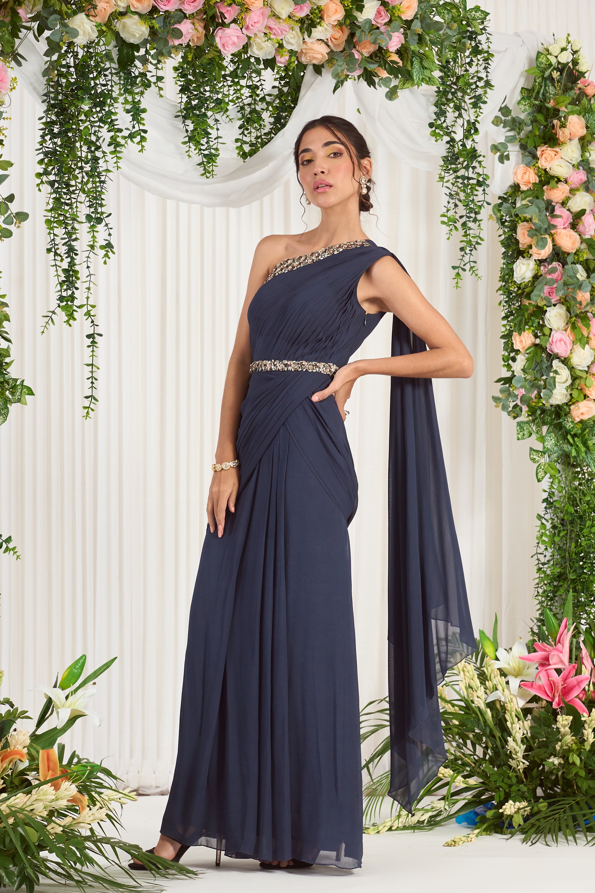 Designer Women's Grey Eve Indo Saree Gown | Nidhika Shekhar