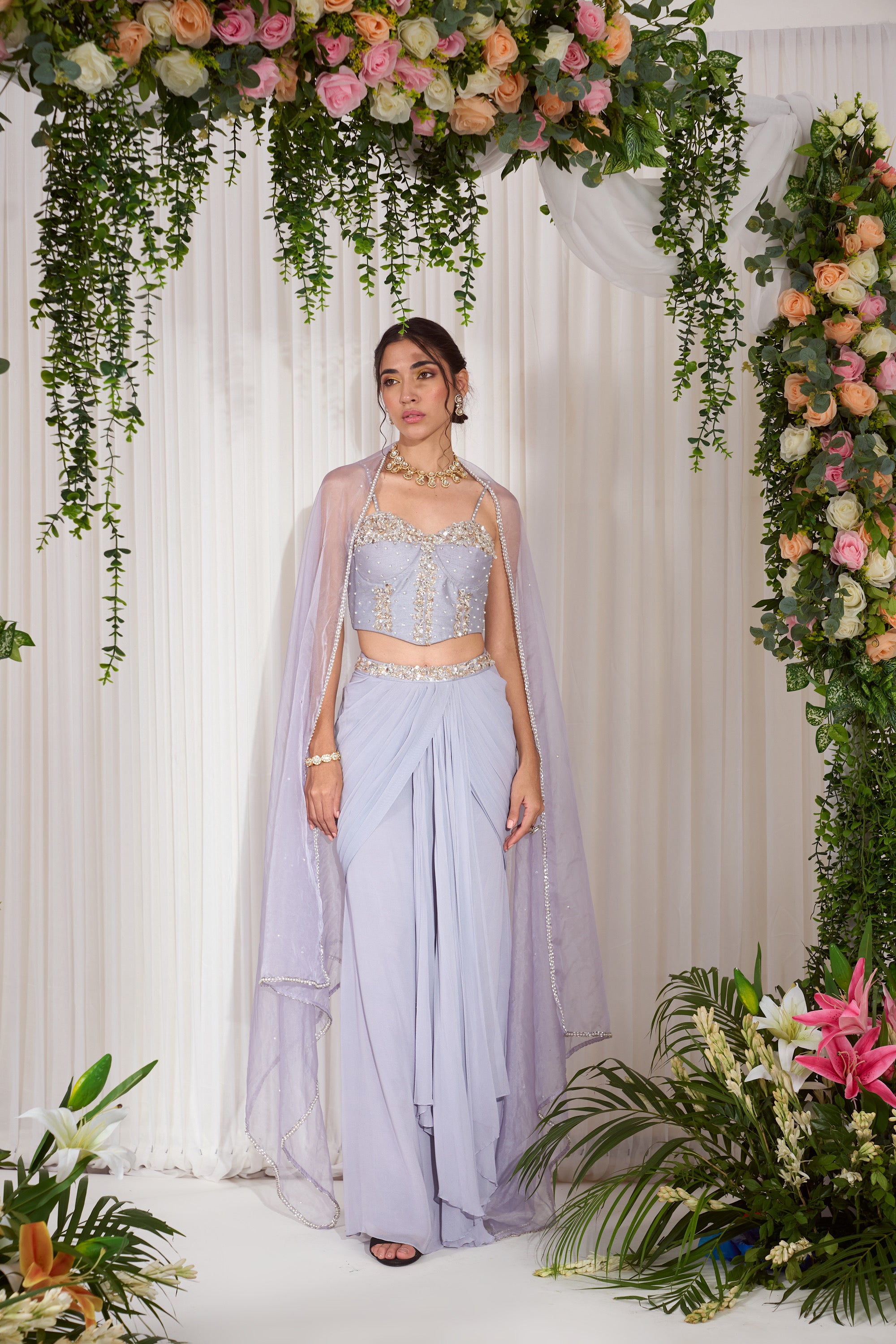 Buy Lilac Apsara Corset And Drape Skirt Set | Nidhika Shekhar