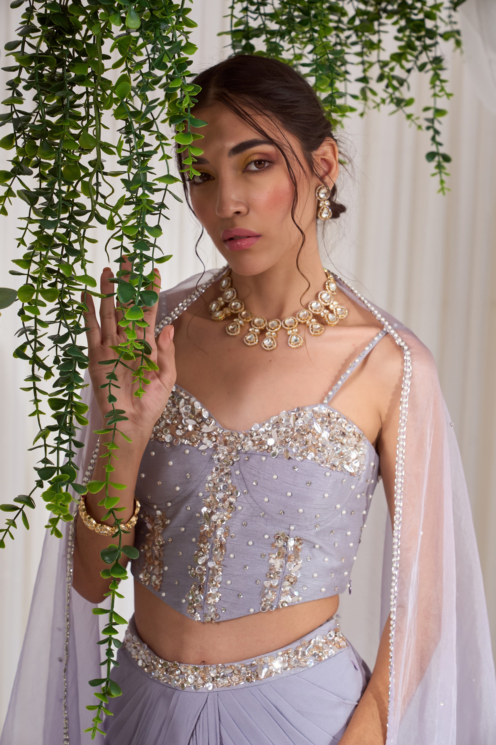 Buy Lilac Apsara Corset And Drape Skirt Set | Nidhika Shekhar