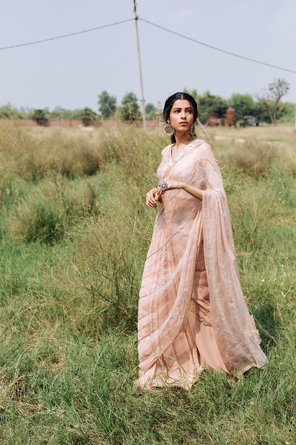 Buy Women's Salmon Pink Drape Saree Set | Nidhika Shekhar